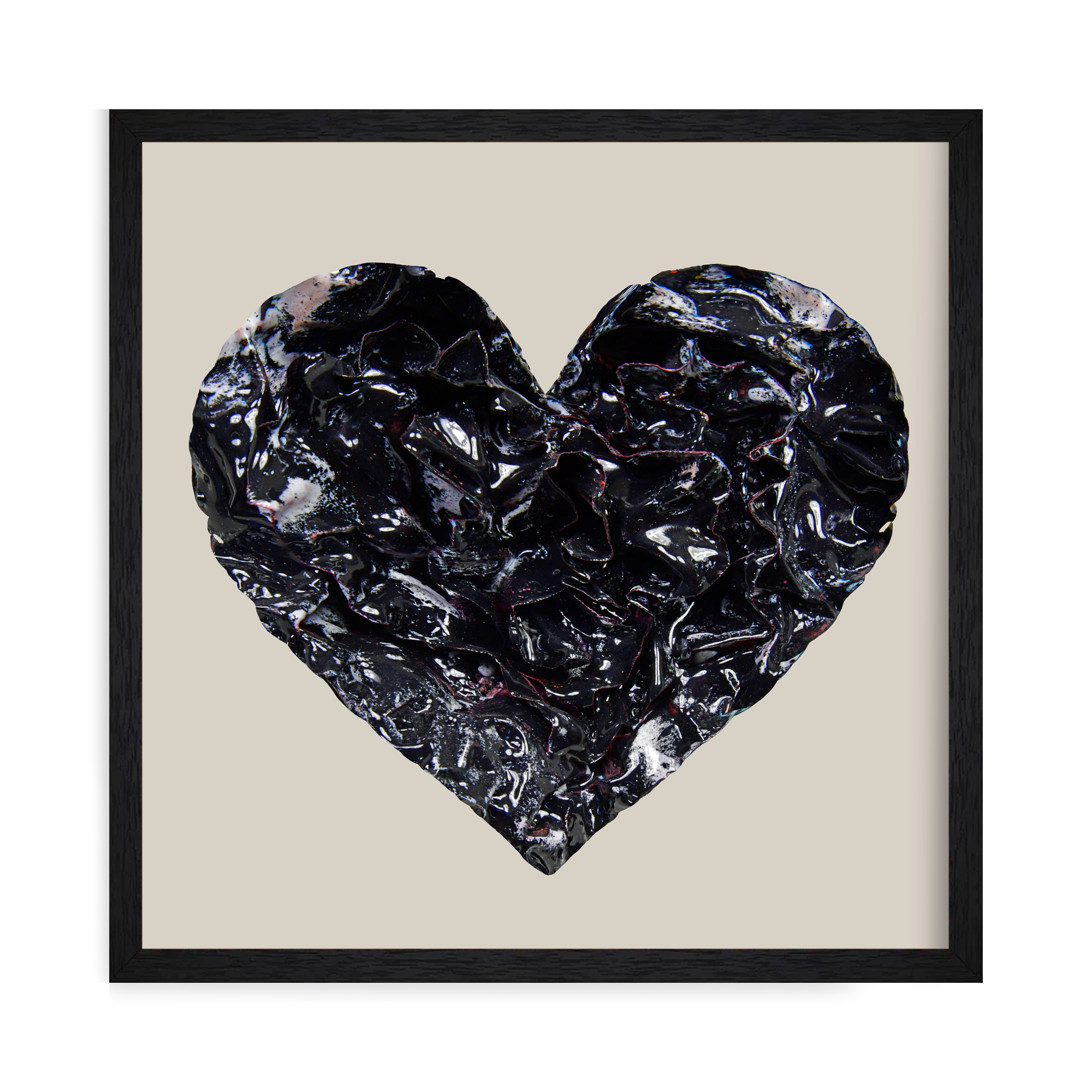 Framed Glossy black enamel heart sculpture print with rich folds and molten, obsidian-like texture, titled “Black Ember”