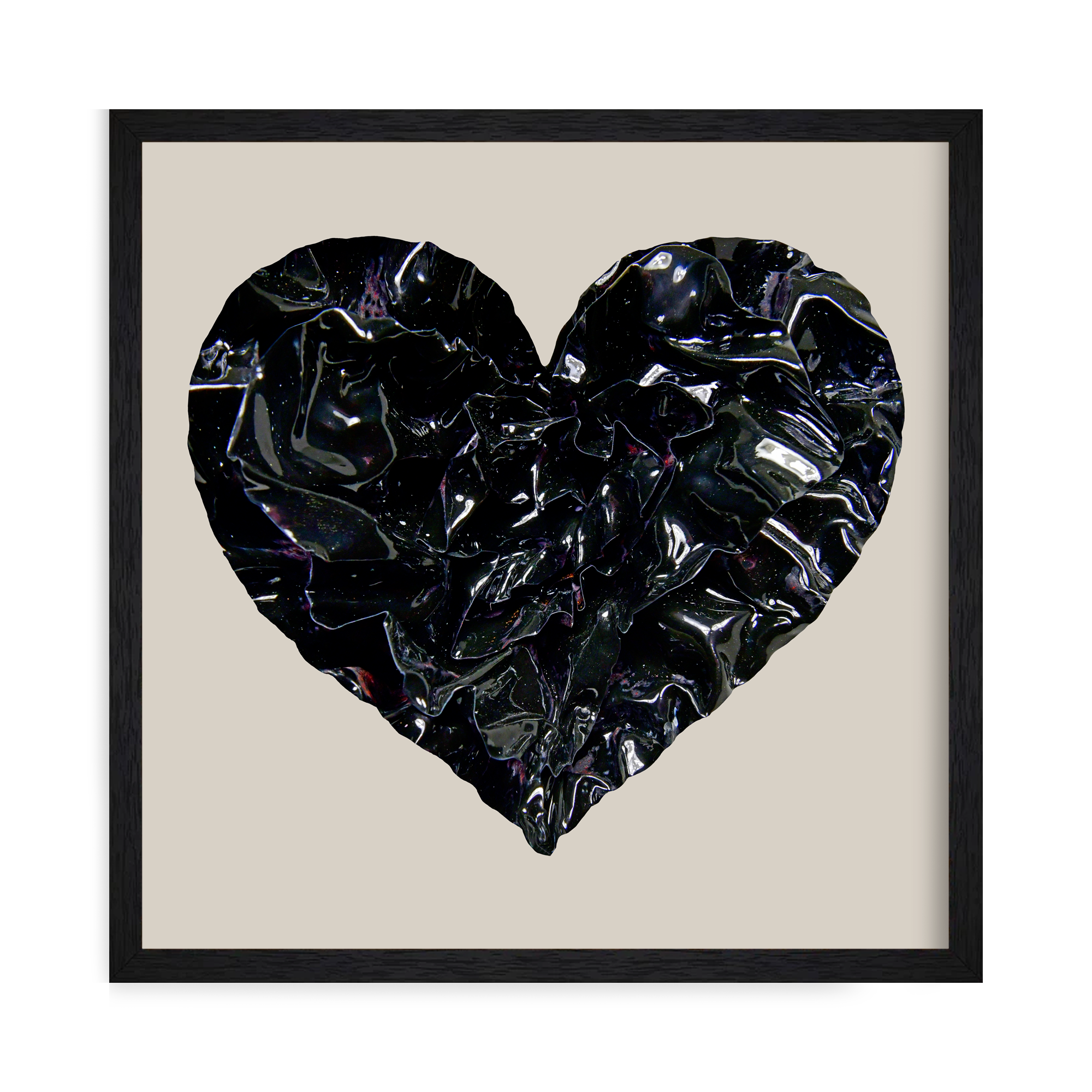 Framed Glossy black enamel heart sculpture print with sculptural folds and reflective texture, titled “No Light Lost”