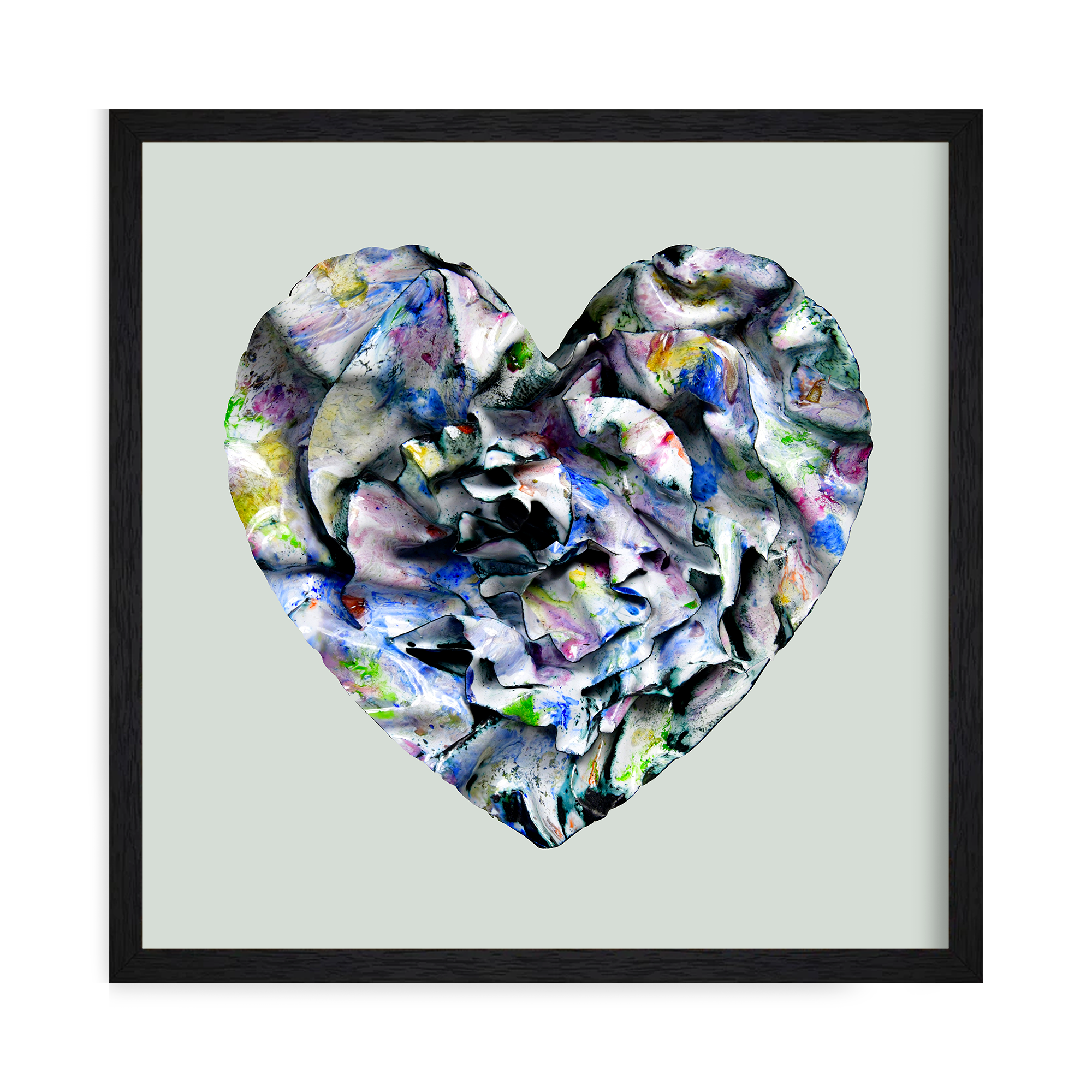 Framed Heart art print in soft floral tones of lavender, cobalt, and green with textured, petal-like folds