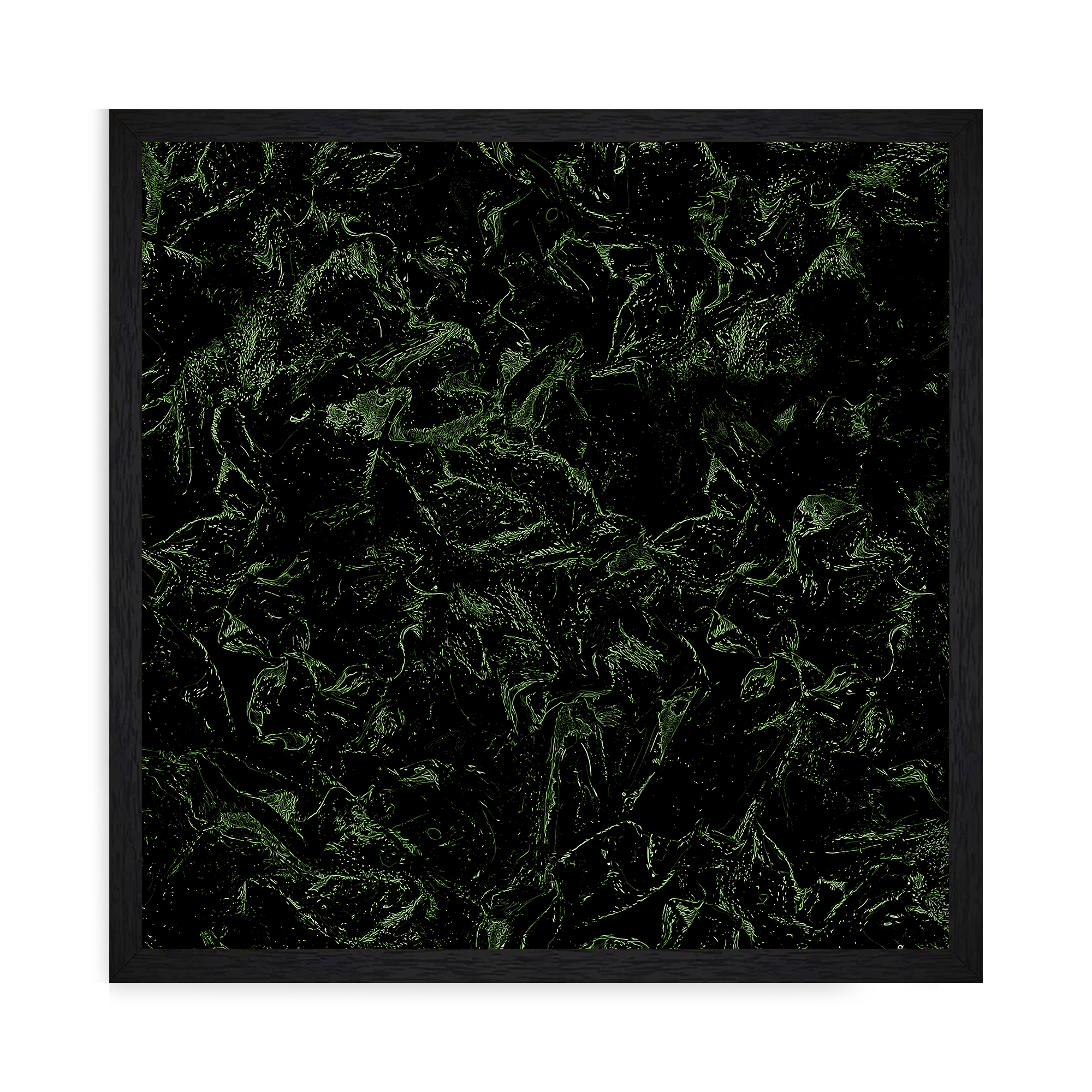 framed Abstract print with dark green swirling textures on a black background, evoking a fluid, organic, and mysterious appearance. (Copy)