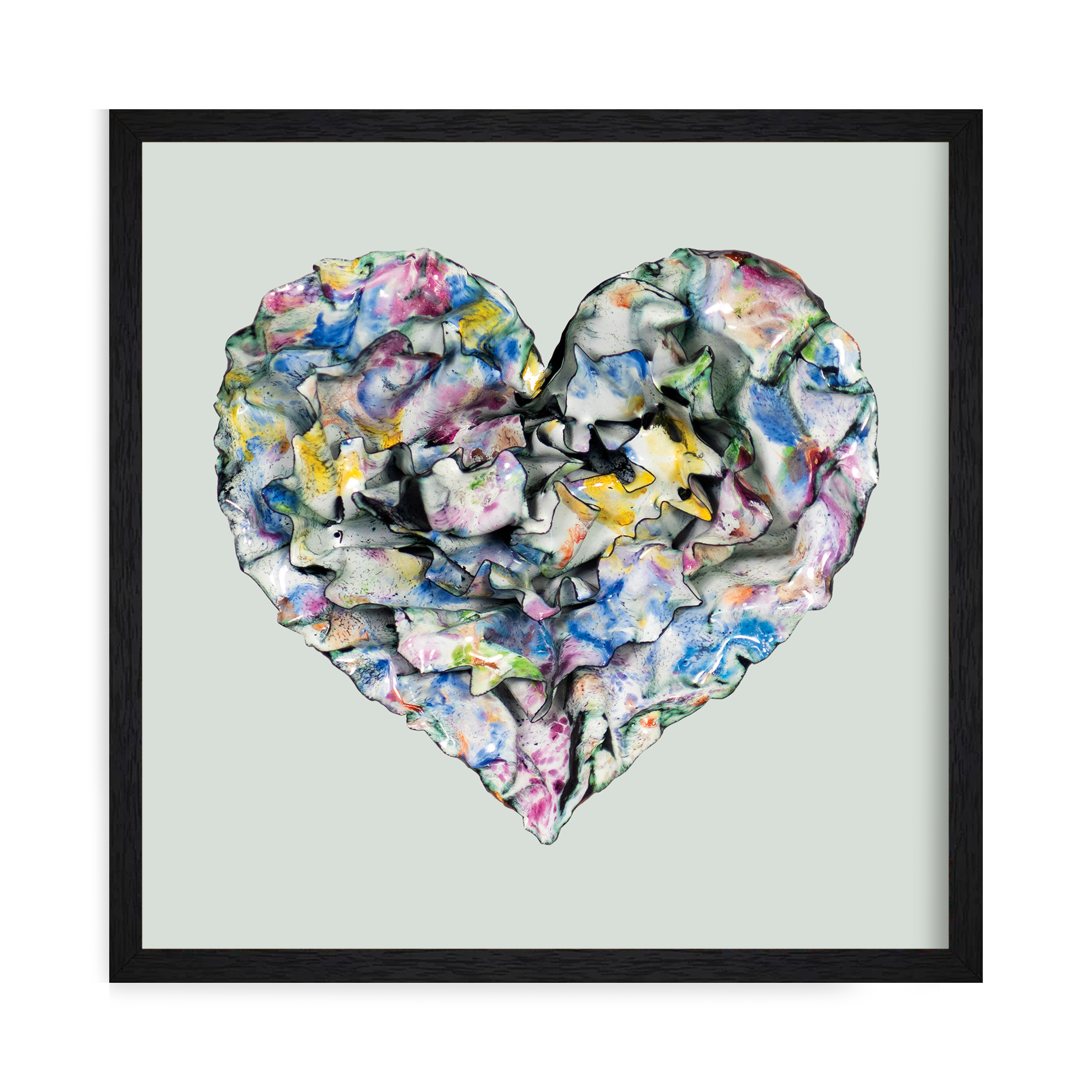 Enamel Framed heart print in watercolor floral tones with textured, ruffled surface resembling blooming petals