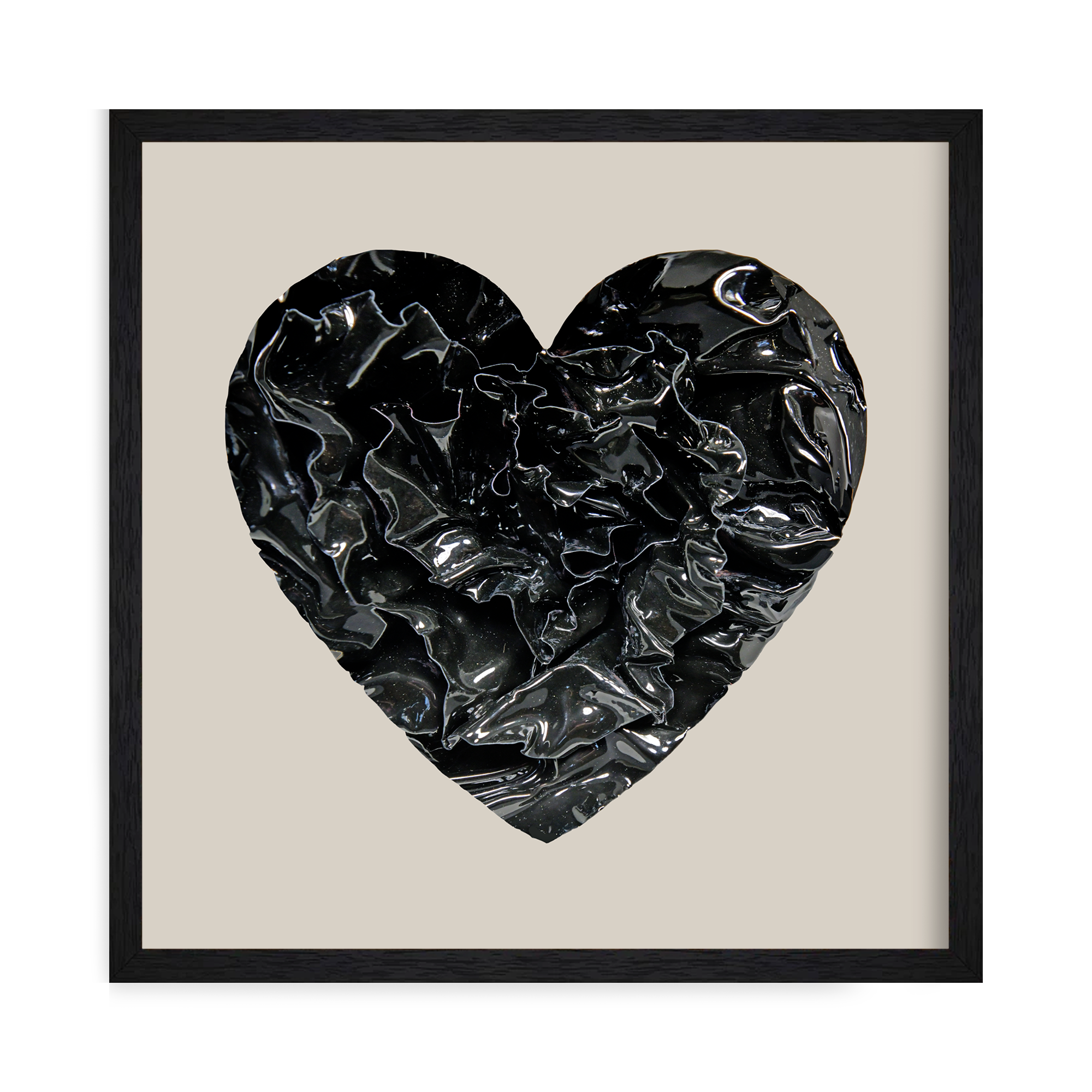 framed Glossy black enamel heart sculpture with folded, reflective texture, titled “Onyx Veil”