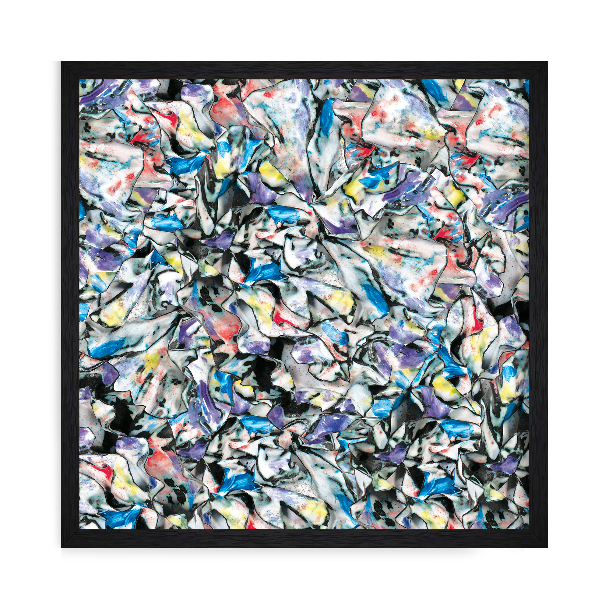 framed Colorful abstract print with ruffled textures in vibrant red, blue, yellow, and purple tones on a soft white background.ing ocean foam and waves in a dreamy, layered composition. (Copy)