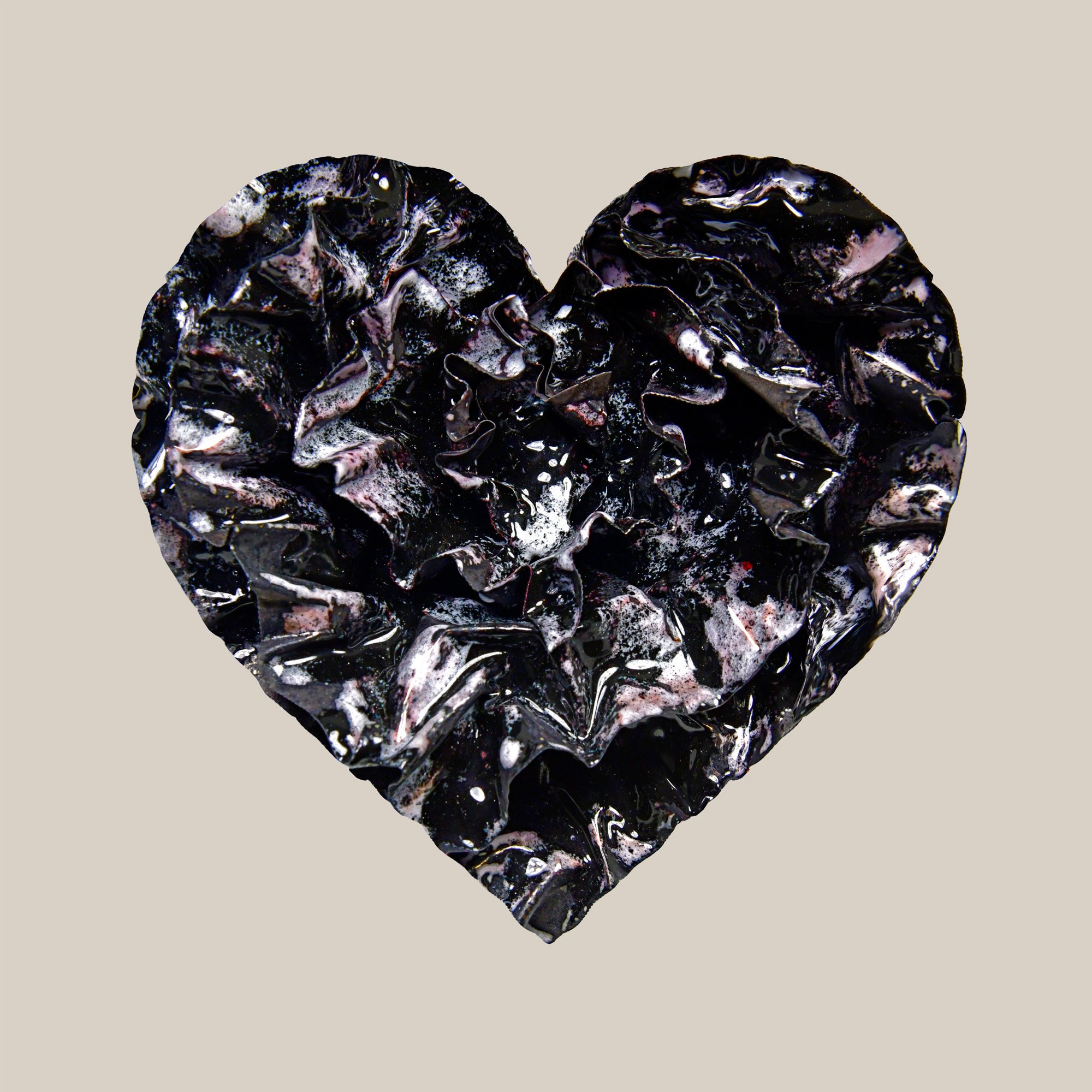 Glossy black enamel heart Print with soft violet and ash-gray undertones, titled “Violet Ash”