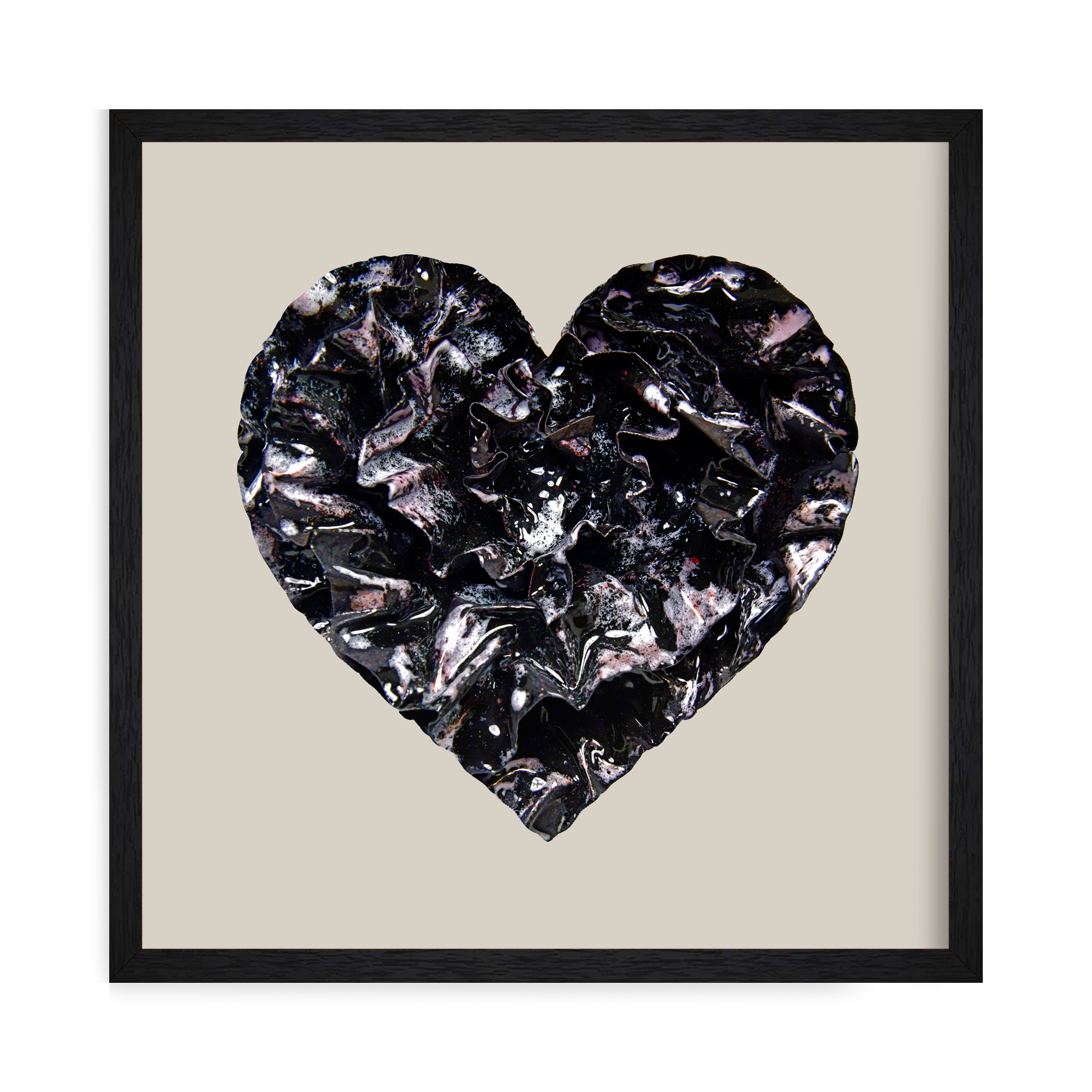Framed Glossy black enamel heart sculpture print with soft violet and ash-gray undertones, titled “Violet Ash”