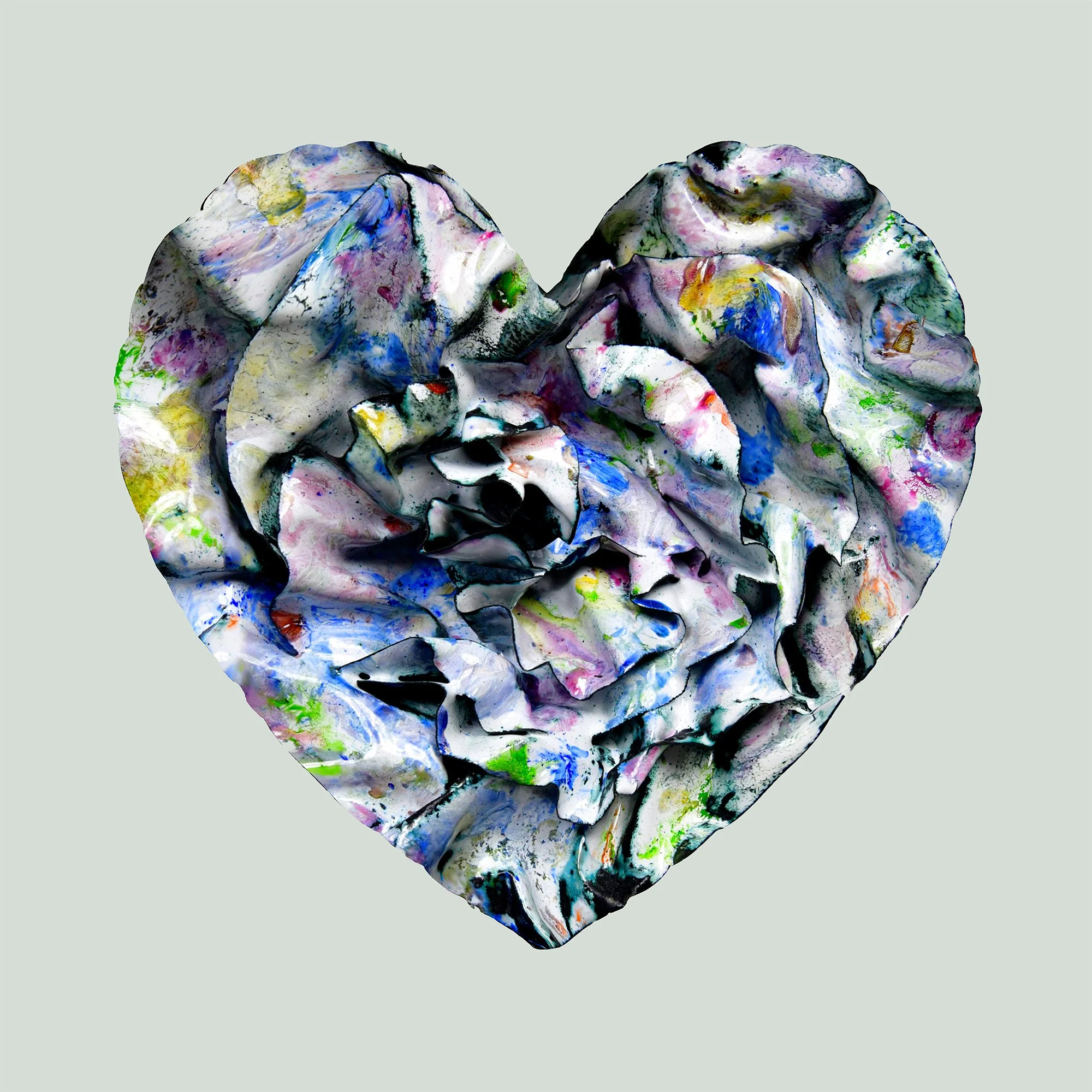 Framed Heart art print in soft floral tones of lavender, cobalt, and green with textured, petal-like folds