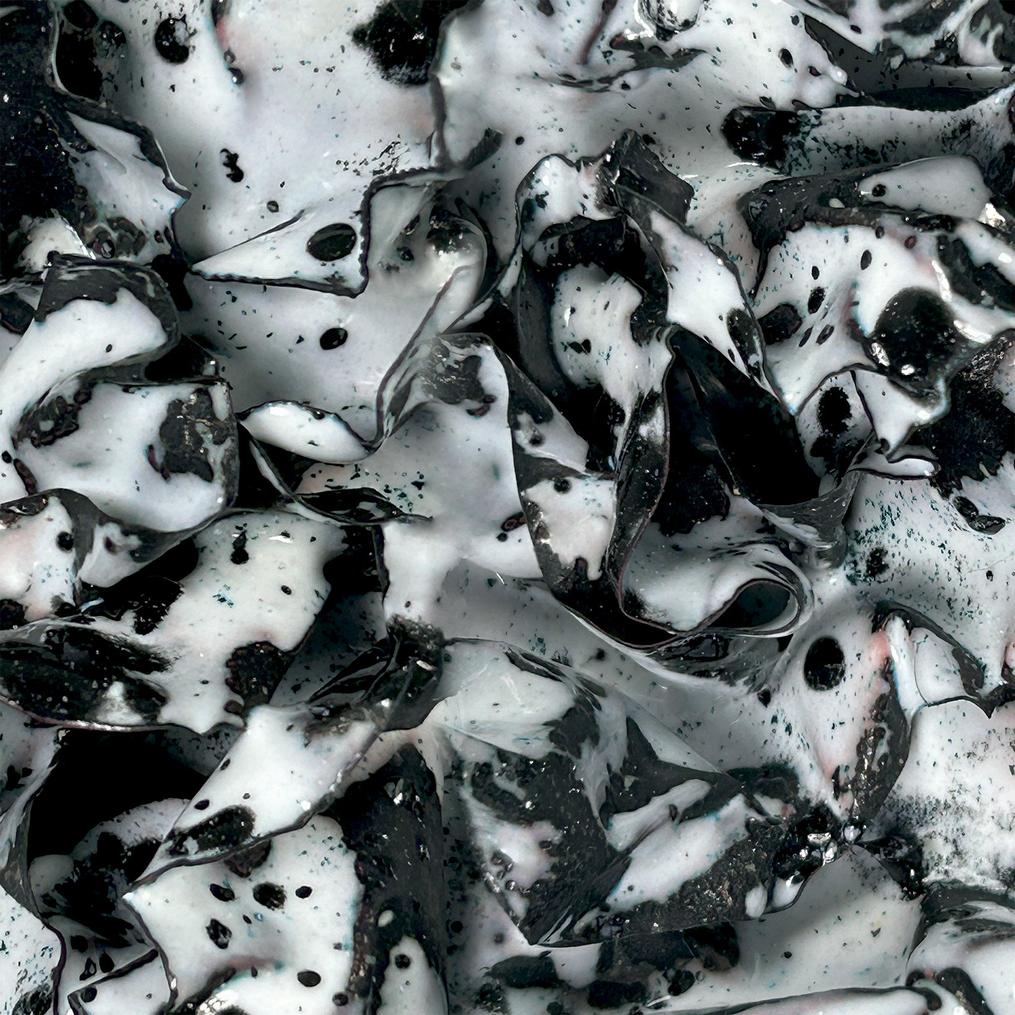 Abstract print featuring glossy black and white ink-like folds with speckled textures, resembling fluid movement and organic patterns.
