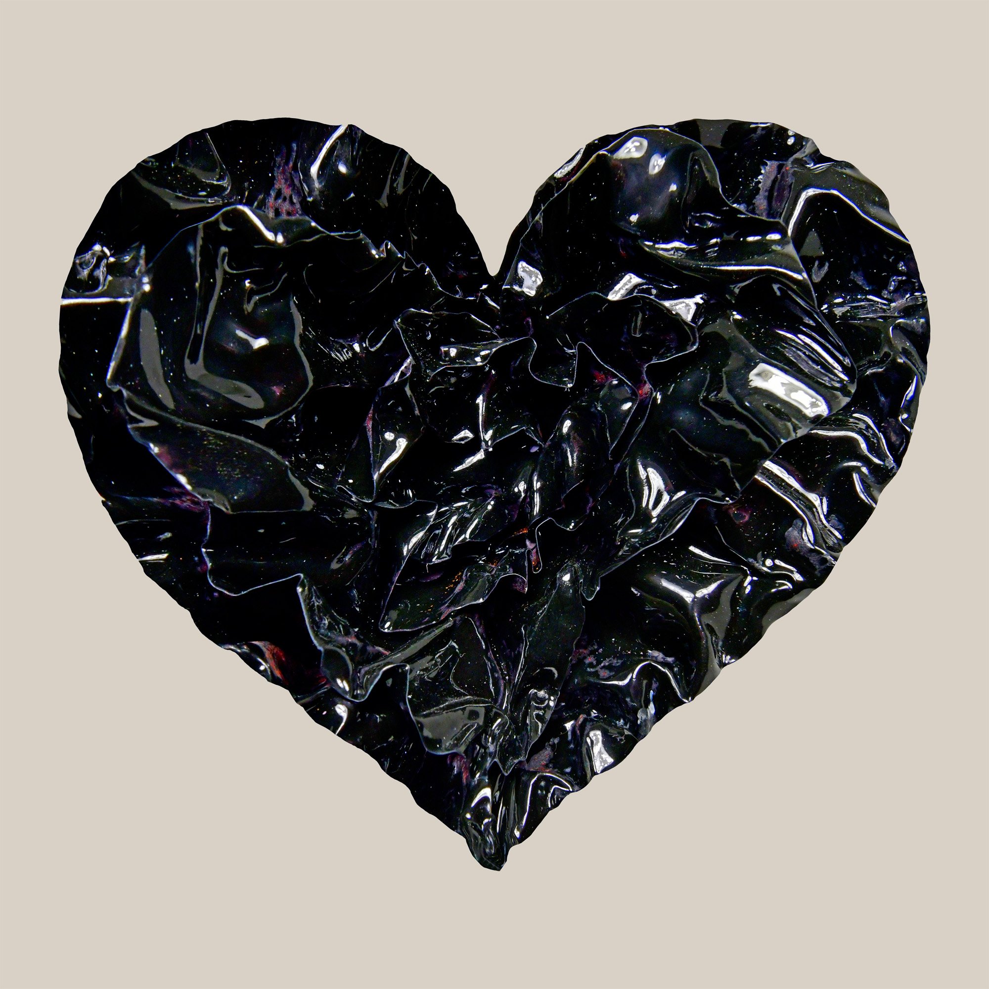 Glossy black enamel heart sculpture print with sculptural folds and reflective texture, titled “No Light Lost”