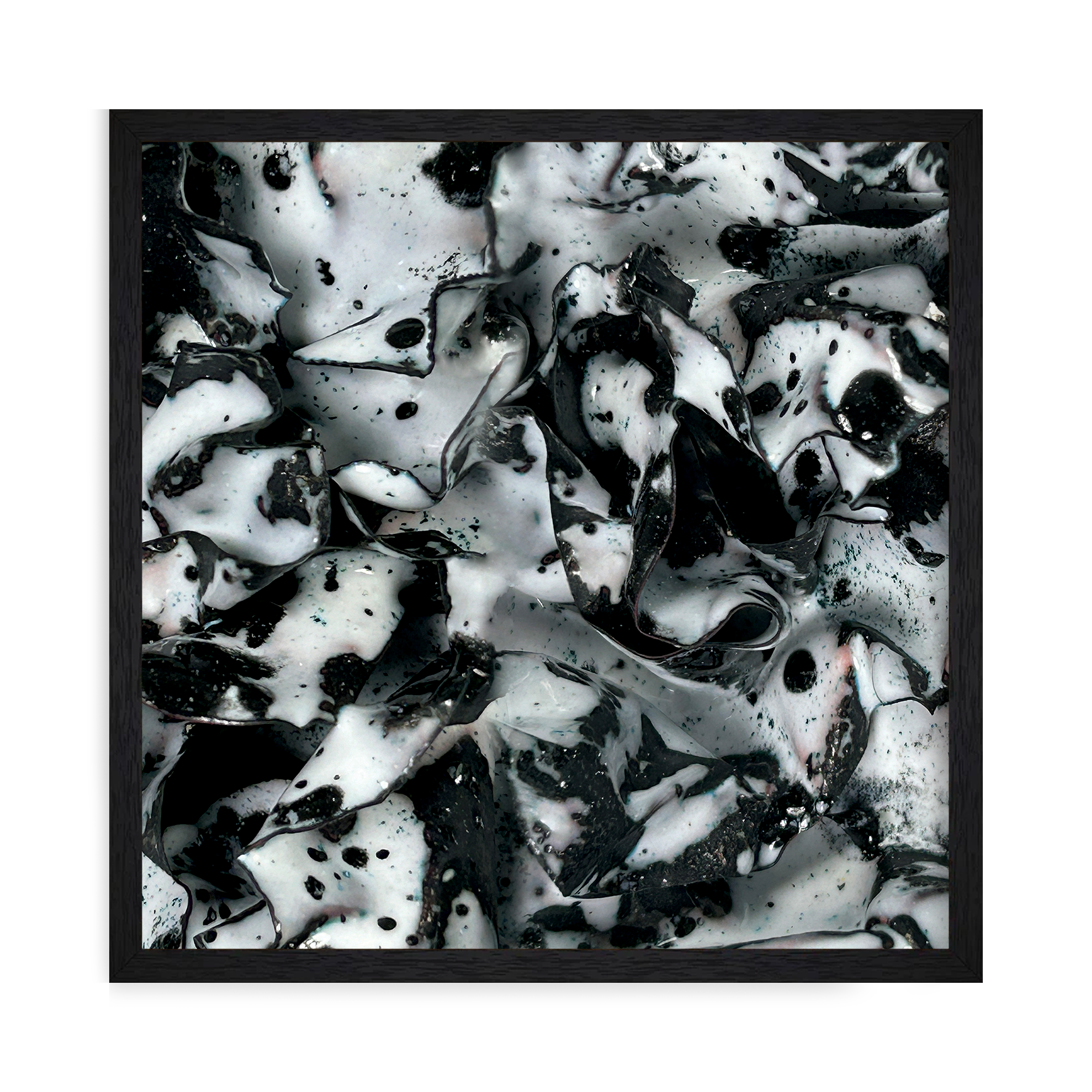 framed Abstract print featuring glossy black and white ink-like folds with speckled textures, resembling fluid movement and organic patterns.