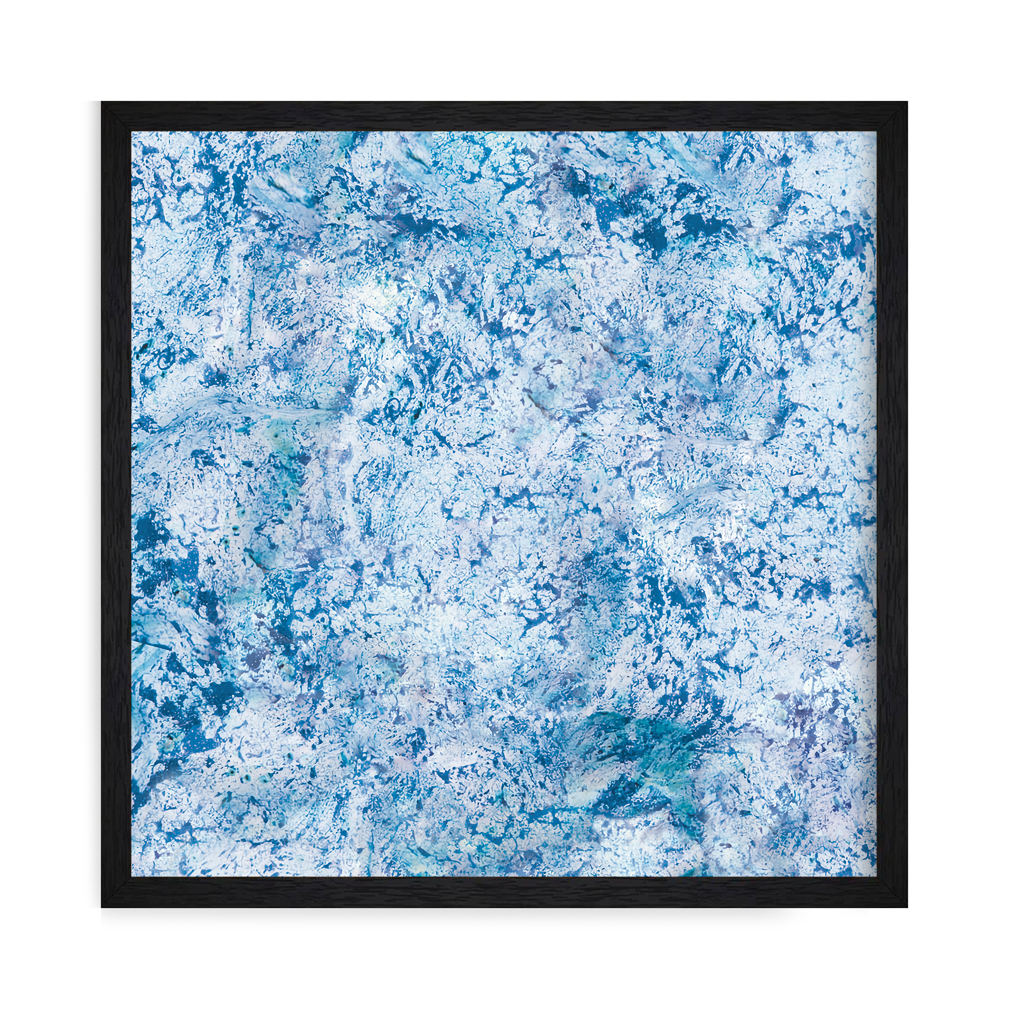 framed Abstract print with soft blue, white, and aquamarine textures resembling ocean foam and waves in a dreamy, layered composition.