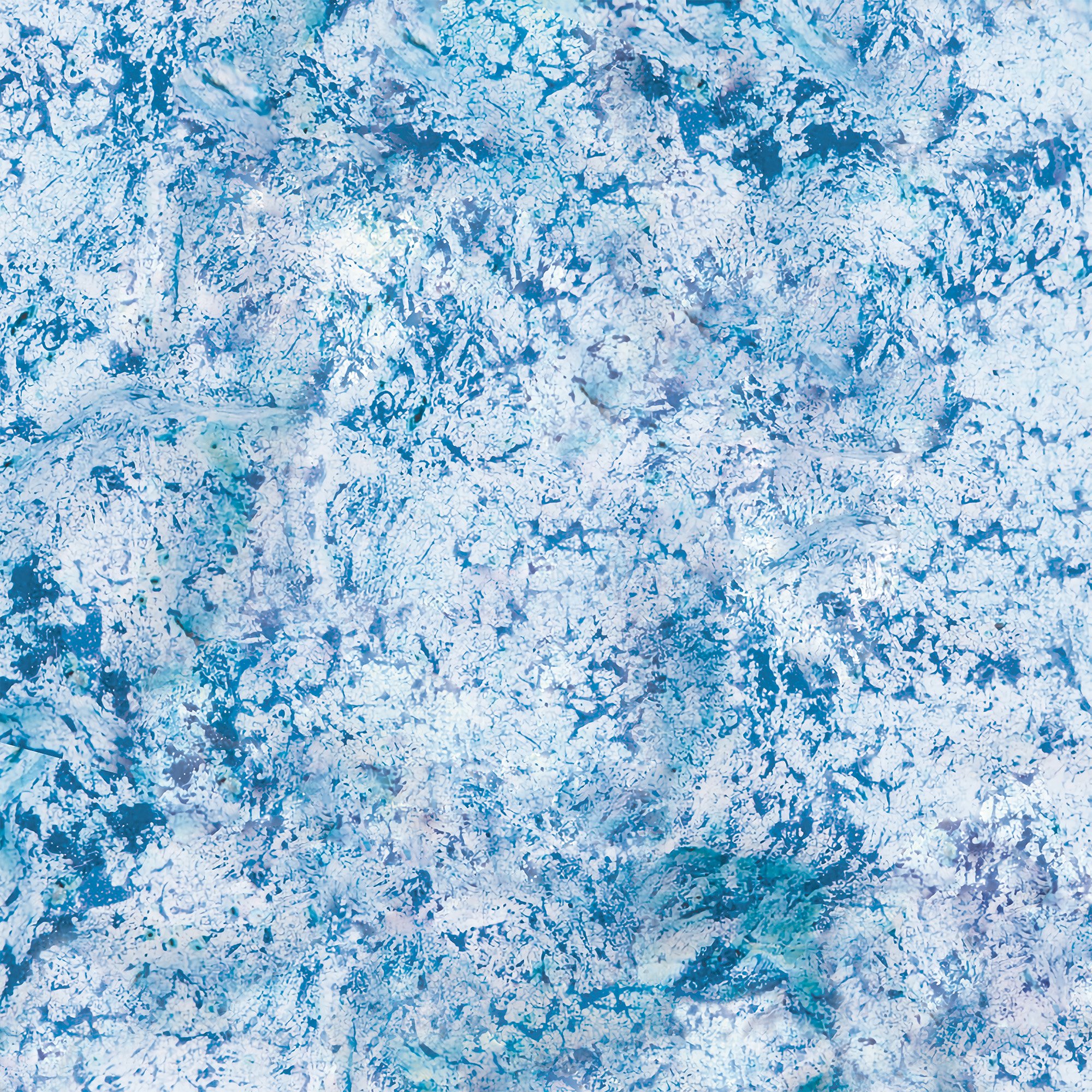 Abstract print with soft blue, white, and aquamarine textures resembling ocean foam and waves in a dreamy, layered composition.
