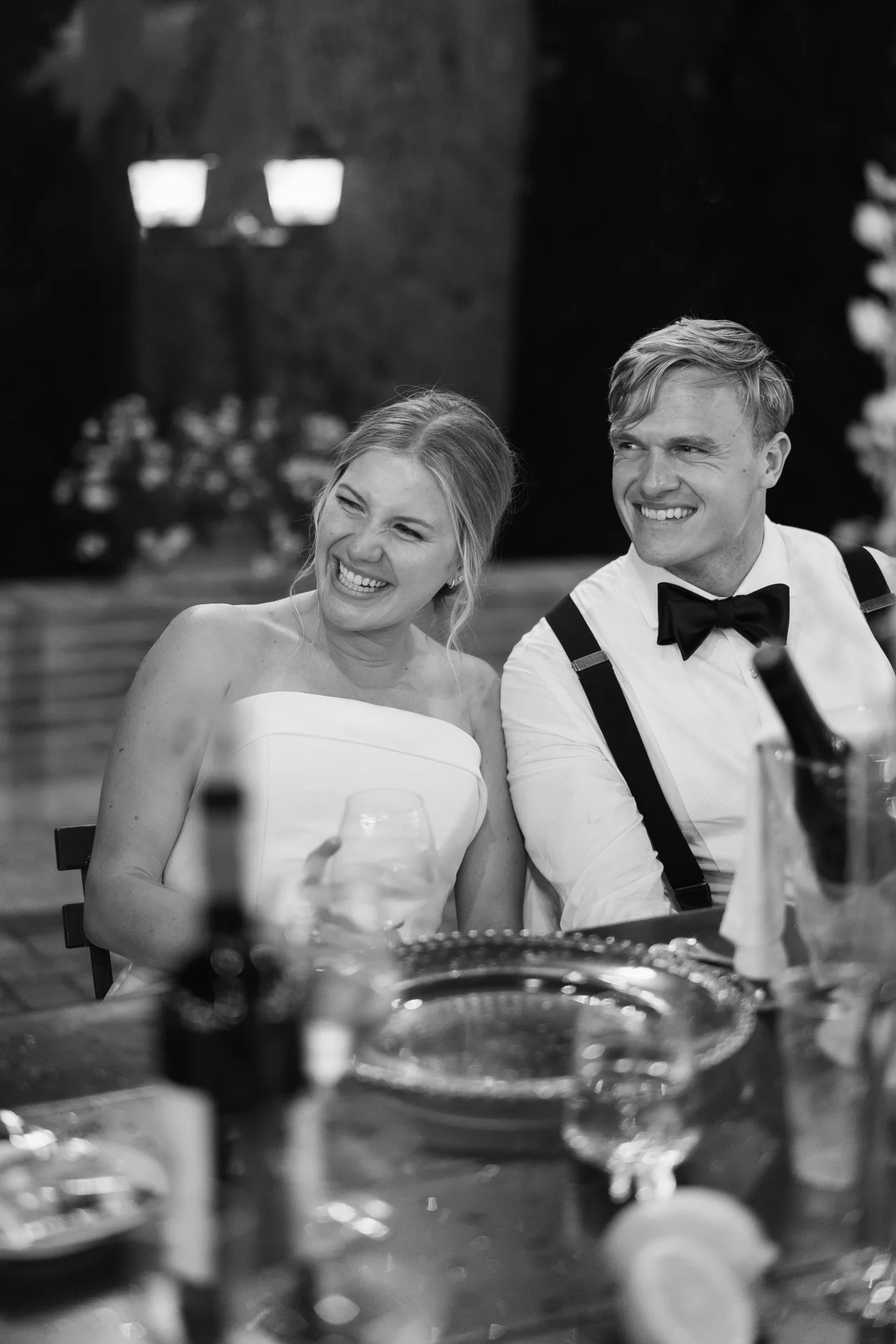 Bride and groom during a dinner at Borgo Tre Rose, Tuscany