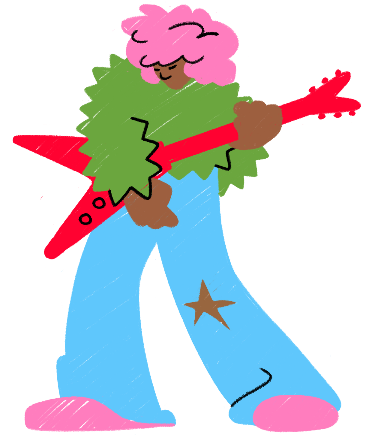 A cartoon girl with pink hair, wearing a green jacket, blue jeans with a star patch, and pink shoes, holding a red axe.