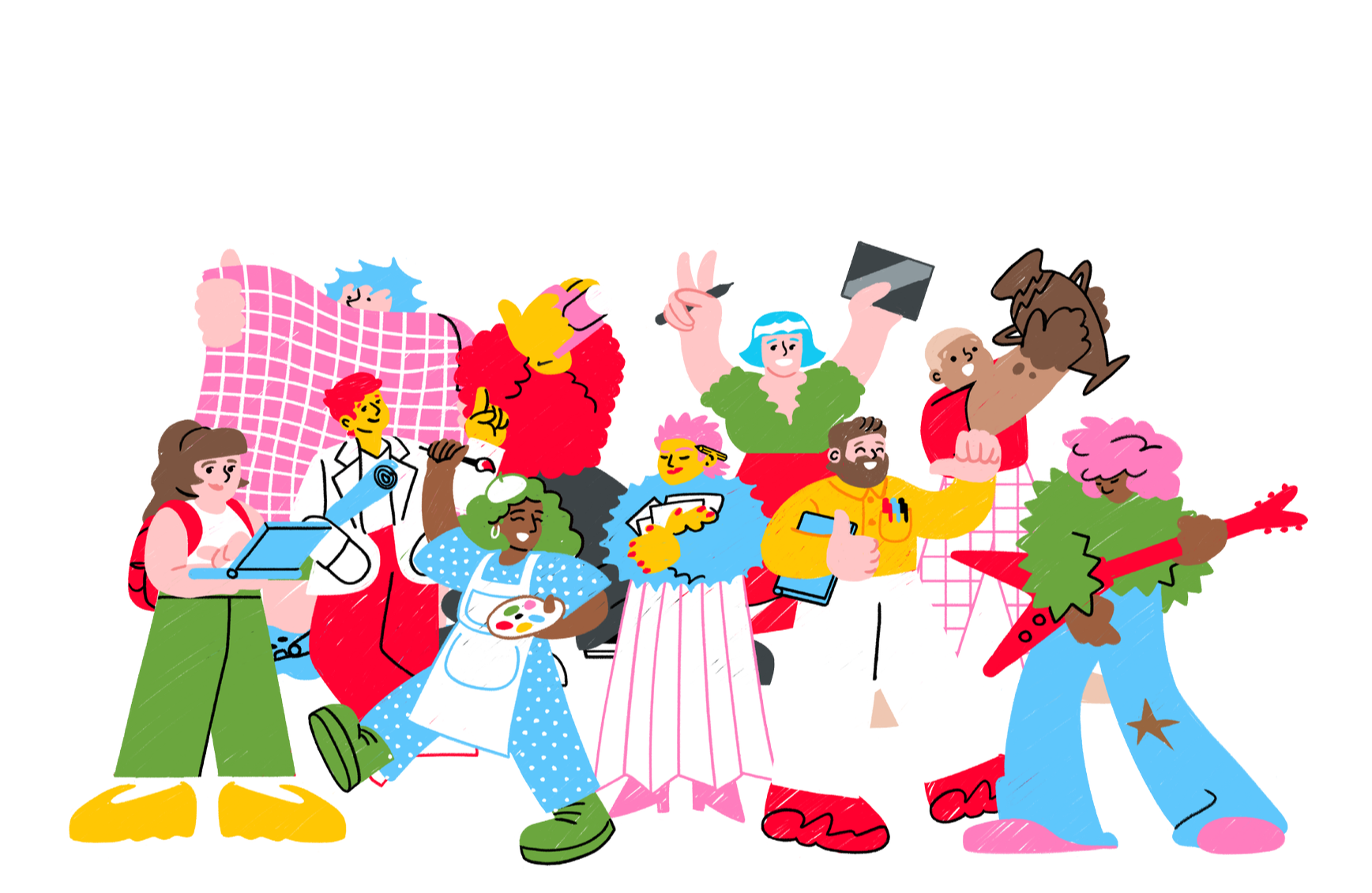 A colorful illustration of a diverse group of cartoon characters celebrating together, with some holding artwork, books, or making expressive gestures.