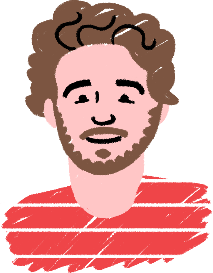 Illustration of a smiling man with curly hair and a beard, wearing a red and white striped shirt.