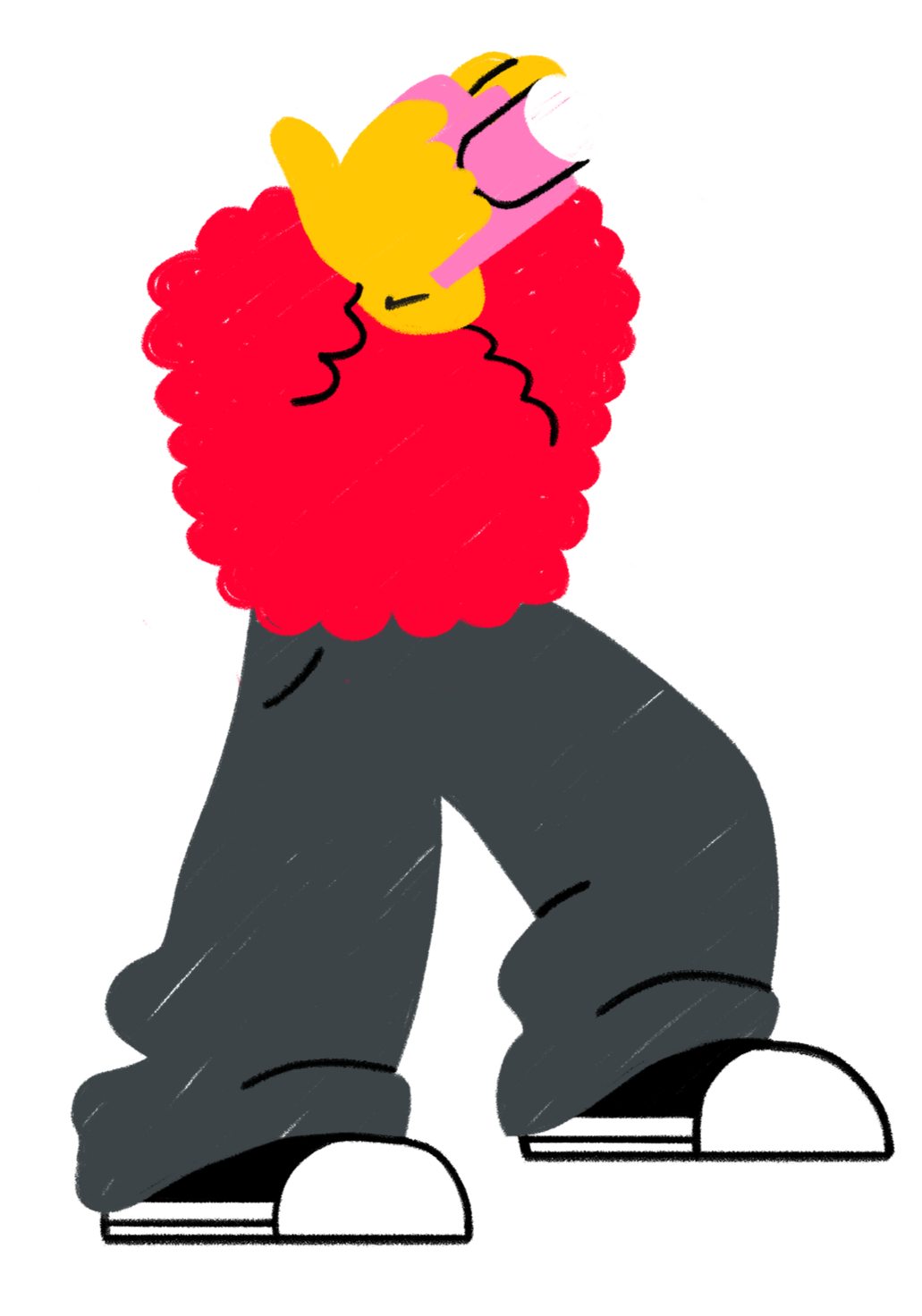A cartoon character with a pink face and a large red fluffy hairstyle, wearing black glasses, a yellow shirt, gray pants, and white shoes, standing and pointing to the side.