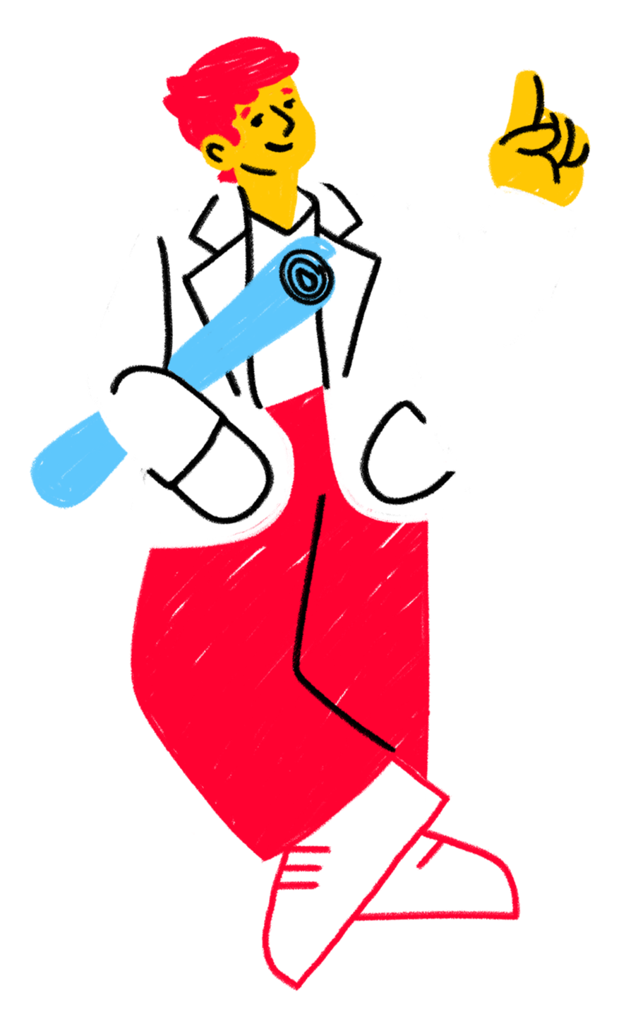 Drawing of a person with red hair, wearing a white blazer, red pants, and white shoes, holding a blue skateboard and pointing upward with their index finger