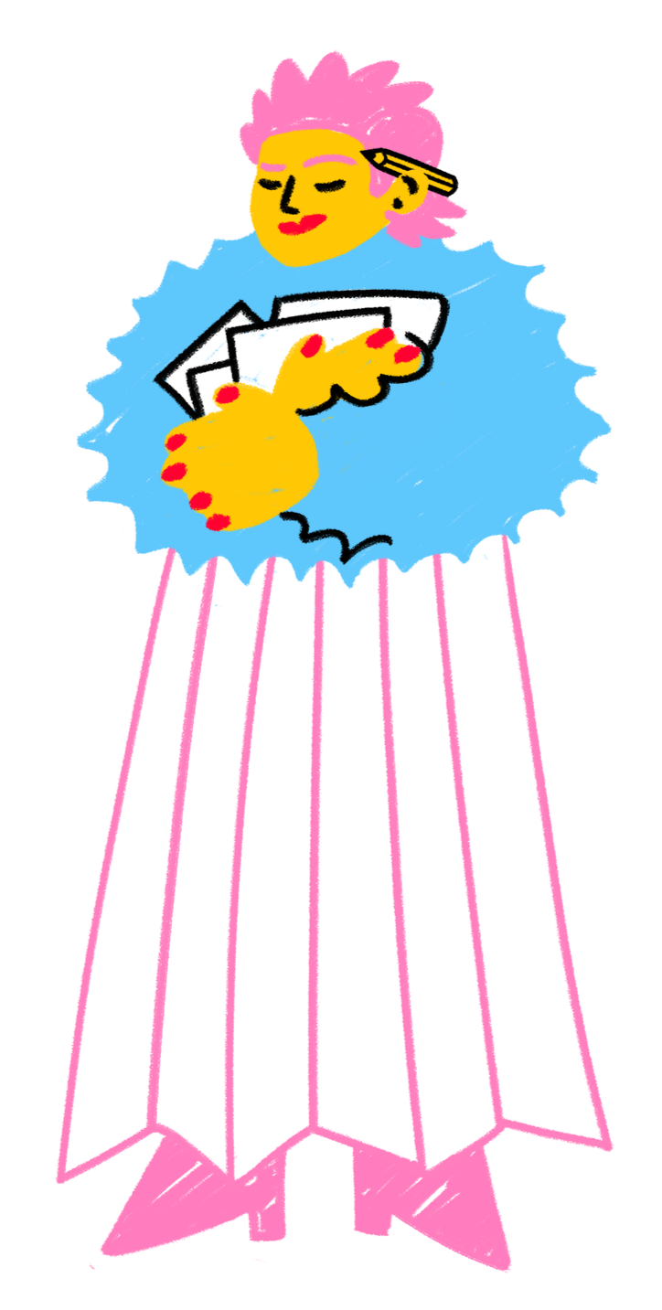 A person with pink hair and yellow skin holding photographs, wearing a blue shirt with pink striped pants, and writing with a pencil.
