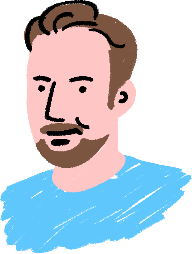Digital illustration of a man with brown hair, a mustache, and a beard, wearing a light blue shirt.