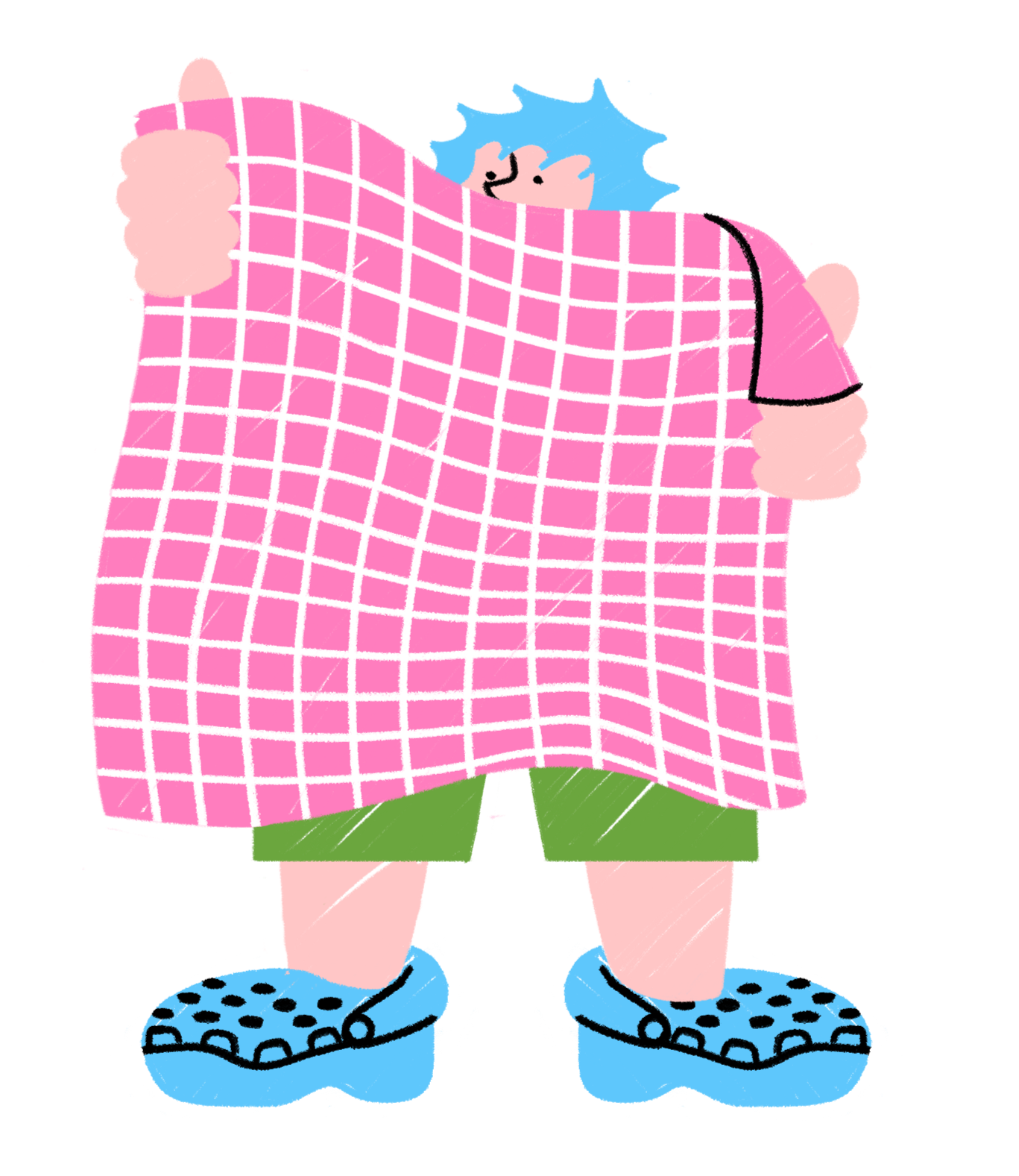 A cartoon child wearing a pink and white checkered oversized shirt, green shorts, blue polka dot shoes, and blue socks, with only part of their face visible, peeking out from behind the shirt.