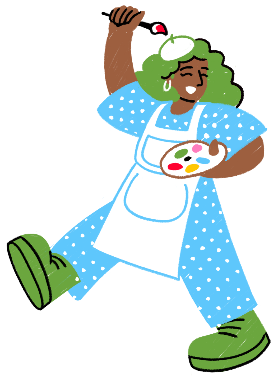 A cheerful woman in a blue polka-dot dress and green shoes, wearing a white apron, standing in a lively painting studio with a palette in her hand and a paintbrush raised, expressing joy with a big smile.