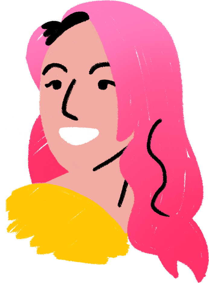 Digital illustration of a woman with long pink hair, smiling, wearing a yellow top.