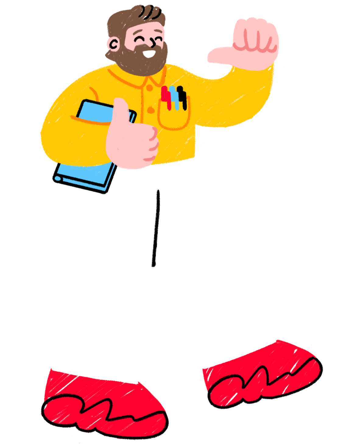 Illustration of a man with brown hair and a beard, wearing a yellow shirt with pens in the pocket, holding a tablet, giving a thumbs up, smiling, and pointing at something with his other hand.