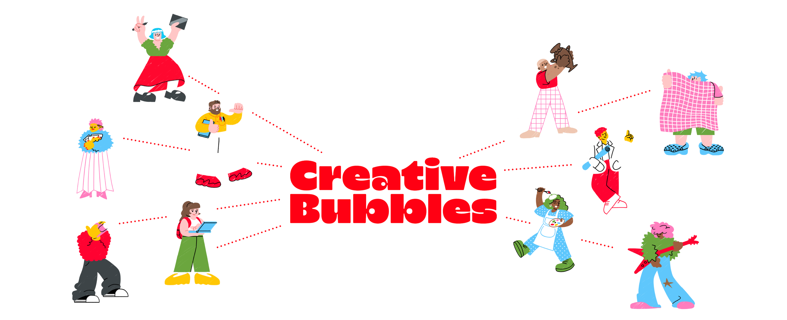 Colorful illustration with diverse characters engaging in creative activities, centered around the text 'Creative Bubbles'.