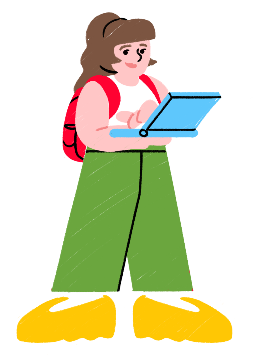 Illustration of a young girl with brown hair wearing a white shirt, green pants, and yellow shoes, standing on a yellow surface. She has a red backpack and is looking at a blue tablet device.
