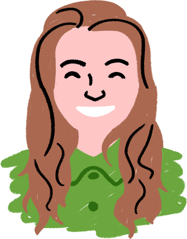 A cartoon illustration of a smiling woman with long wavy brown hair, wearing a green top, with closed eyes and an overall cheerful expression.