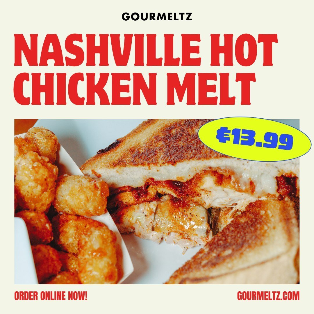 🔥 Turn up the heat with our Nashville Hot Chicken at Gourmeltz!

A crispy chicken breast smothered in spicy Nashville hot sauce, topped with fresh coleslaw, crunchy sliced pickles, and gooey melted mozzarella. It's the perfect blend of heat and swee