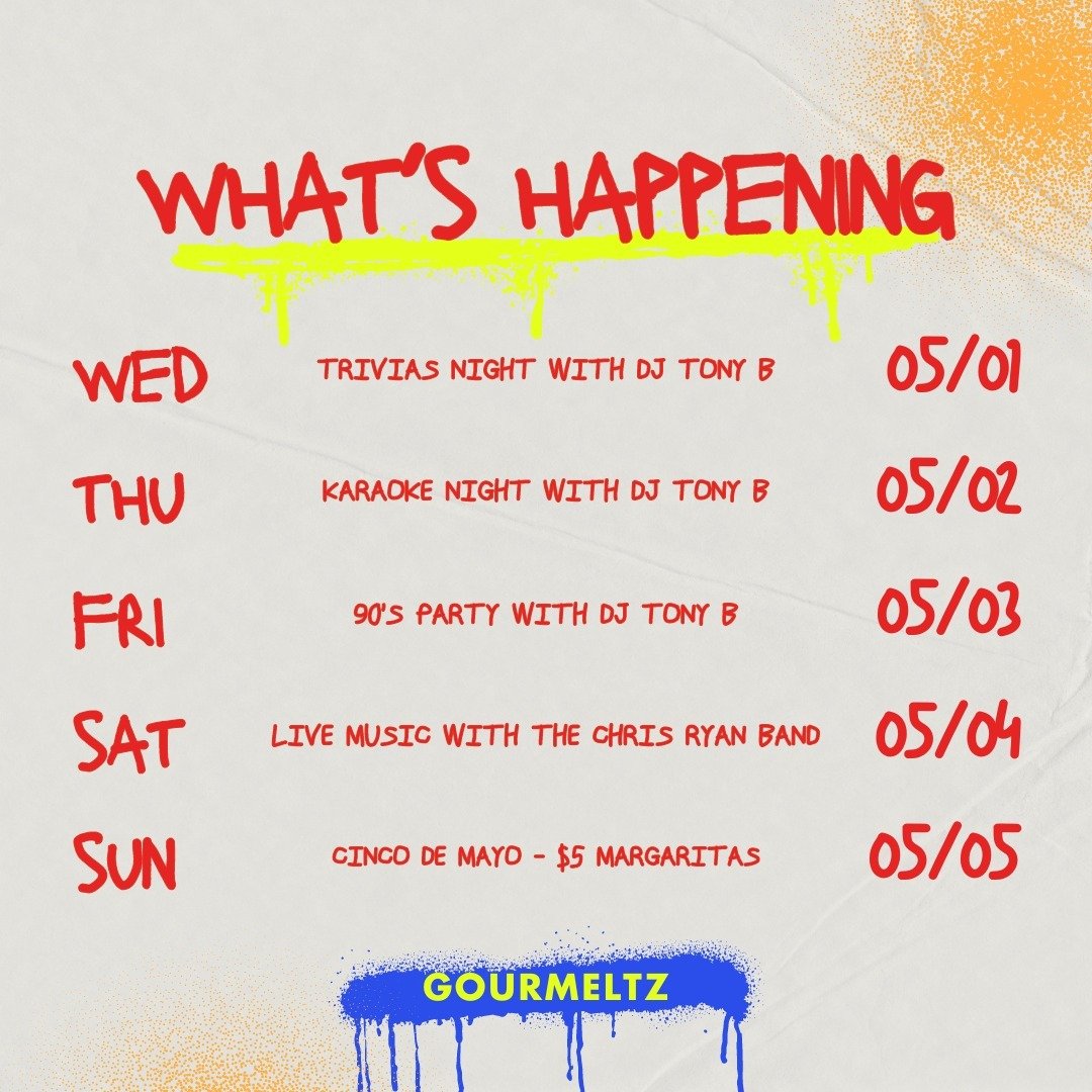 🎉🎶 This week is packed with epic events at Gourmeltz, all hosted by the fantastic DJ Tony B! Get ready to mark your calendars and join us for a week of non-stop fun:

🧠 Wednesday: Trivia Night - Bring your trivia A-game and challenge your friends 