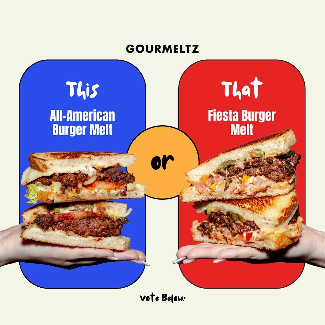 🍔🥊 It&rsquo;s a Melt Showdown at Gourmeltz! Which champion will you crown? Are you team All-American Burger Melt with its classic fixings of lettuce, onions, tomato, BBQ sauce, and American cheese? Or do you pledge your loyalty to the bold Fiesta B