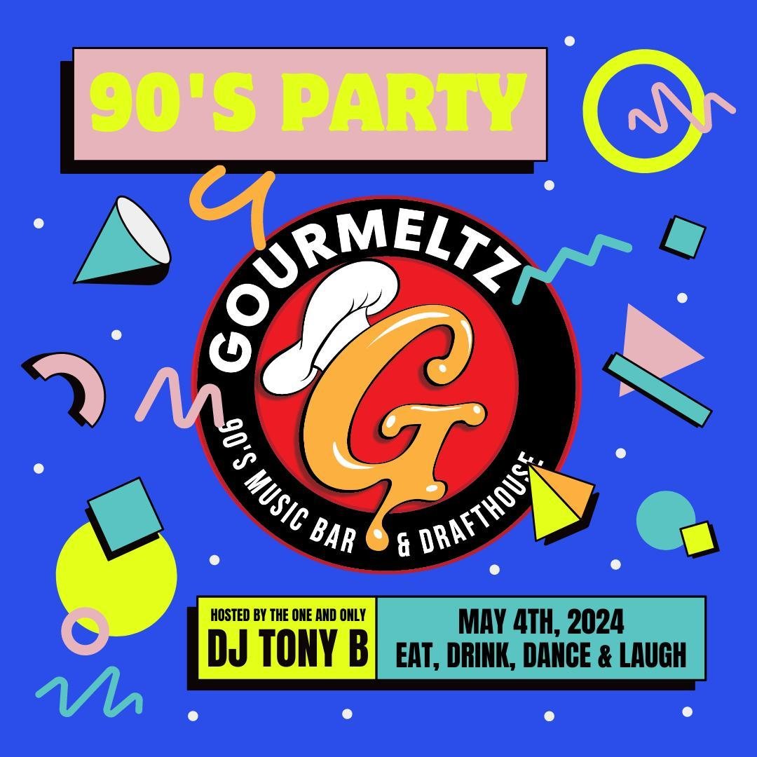 🎉🕺 Tonight's the night! Step back in time with our 90's Party at Gourmeltz, hosted by the one and only DJ Tony B! Eat, drink, dance, and laugh as we throw it back to the decade of awesome tunes and funky moves. 🎶

Join us at 7 PM and enjoy the inc