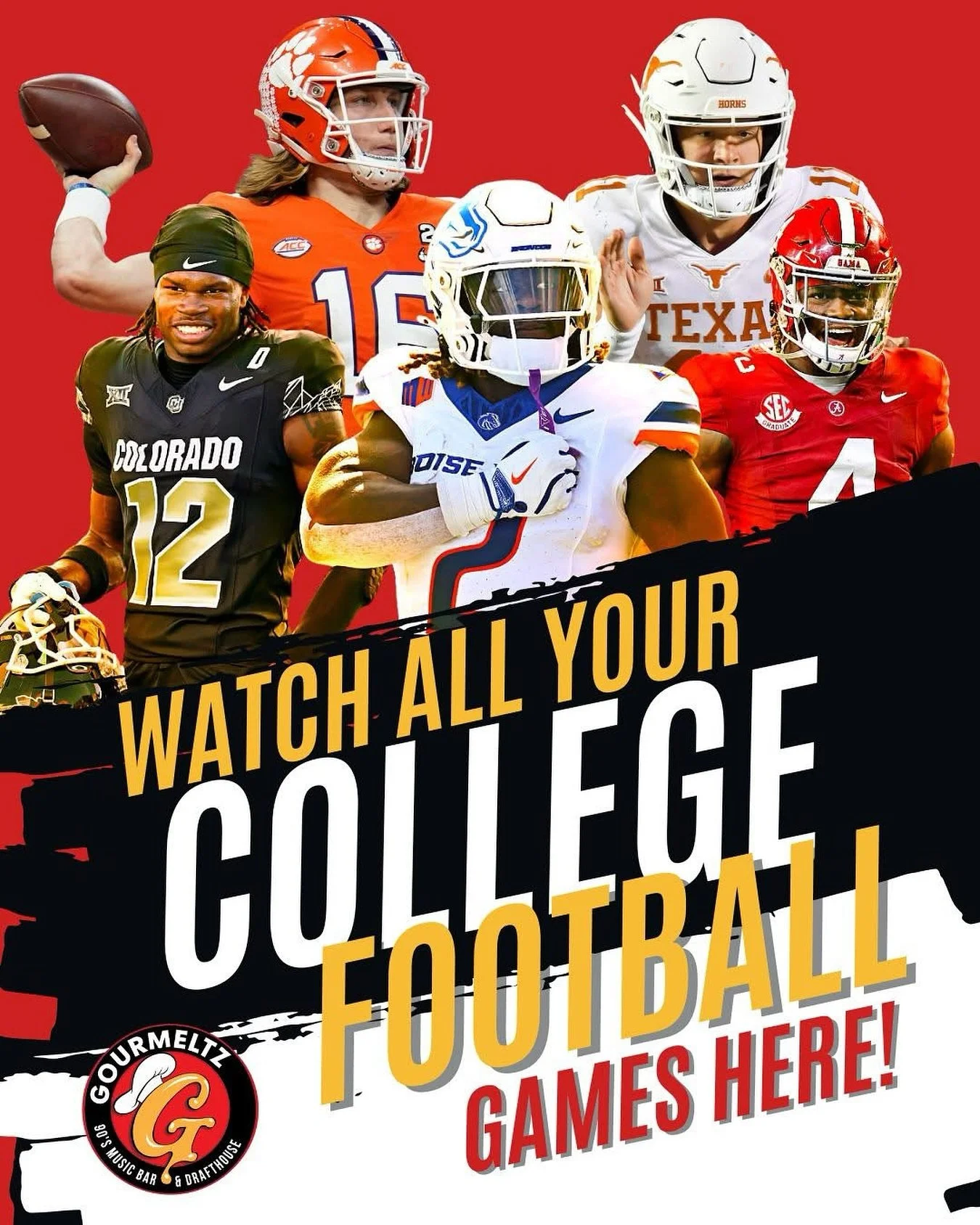 🏈 College football is on, and there&rsquo;s no better place to catch every play than Gourmeltz! With 22 TVs, you won&rsquo;t miss a single touchdown, upset, or overtime thriller. 🍻 Plus &mdash; Happy Hour runs until 4PM, so grab your crew, your fav