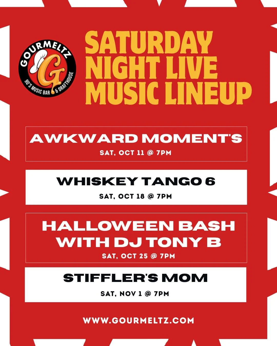 🔥 The stage is set, and Saturday nights are about to get loud!
Live music, cold drinks, and your favorite 90&rsquo;s vibes &mdash; only at Gourmeltz!
🎶 Here&rsquo;s what&rsquo;s coming up:
🎤 Oct 11 &ndash; Awkward Moment&rsquo;s
🥃 Oct 18 &ndash; 