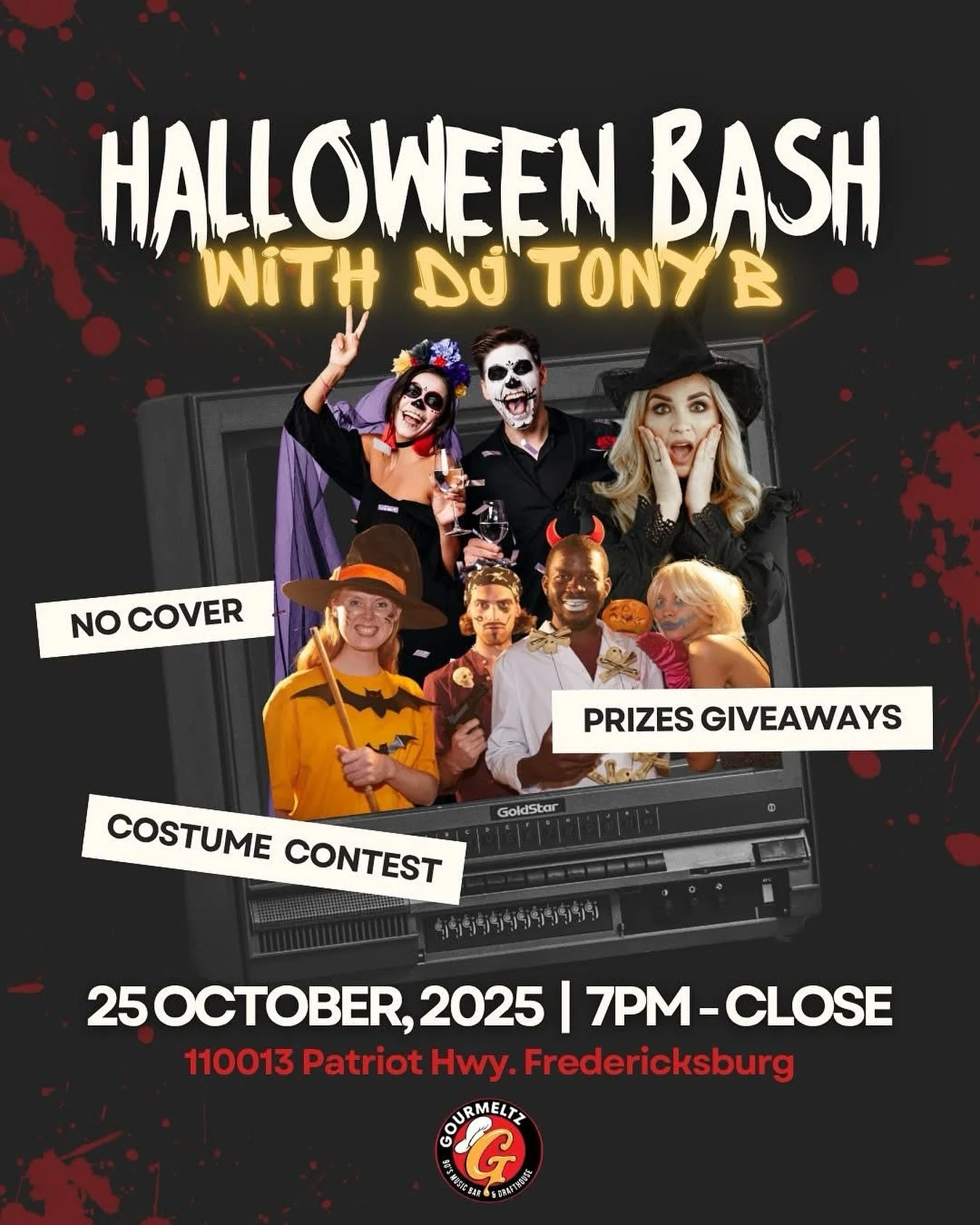 👻 Get ready for a frightfully good time at Gourmeltz! 🎶
Join us Saturday, October 25th for our Halloween Party &amp; Costume Contest featuring DJ Tony B spinning all night long! 🧛&zwj;♀️🕺
Dress to impress (or scare!) &mdash; prizes for the best c