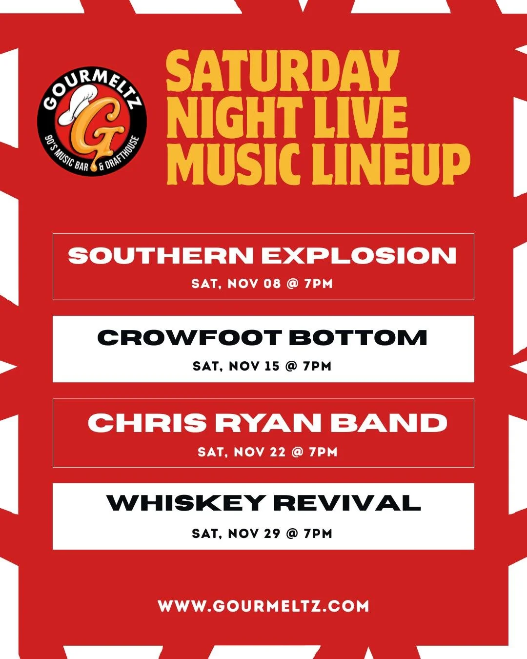 🔥Saturday Night Fever at Gourmeltz! 🔥
Kick off November with non-stop live music vibes at your favorite 90's Music Bar &amp; Drafthouse in Fredericksburg, VA!

🎸Nov 8: Southern Explosion Band - Explosive covers of Classic/Southern Rock, Country, B