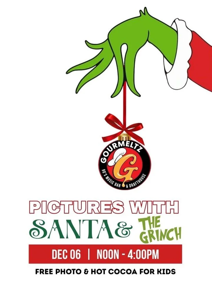 🎅📸 Santa&rsquo;s coming to Gourmeltz &mdash; and he&rsquo;s bringing the Grinch and Max too!

Join us Saturday, Dec. 6, from Noon&ndash;4 PM for FREE photos with Santa and his pals + free hot chocolate! ☕️🎄

Grab your friends, family, and holiday 