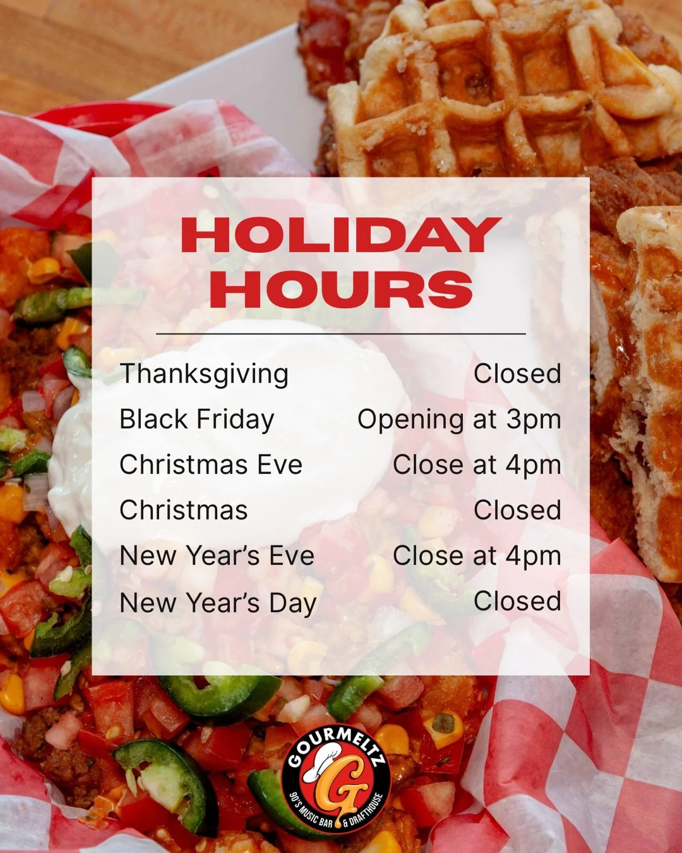 The holidays are better at Gourmeltz with a cold beer in hand.🍺 🎁
Here&rsquo;s when you can find us open this season&hellip; (check the graphic below!) Family time is important, so we&rsquo;re closing on Thanksgiving, Christmas, and New Year&rsquo;
