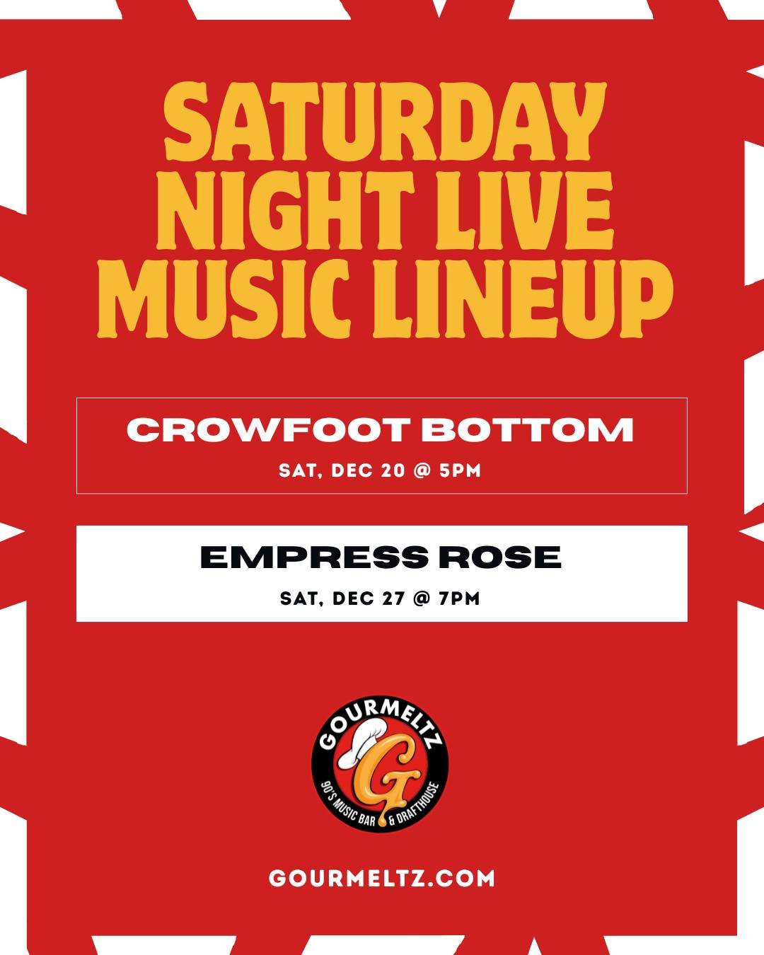 End the year on a high note 🎶
Live music Saturdays at Gourmeltz&mdash;good sounds, good eats, and great company.