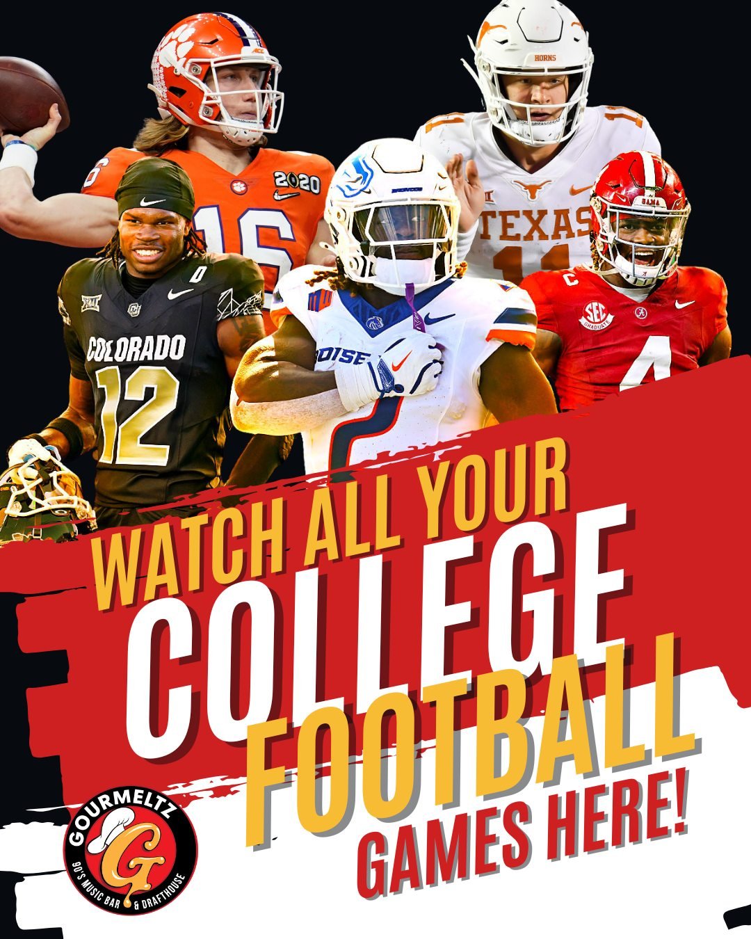 Friday nights + college football = a win 🏈
Catch the games at Gourmeltz with cold drinks, hot melts, and the best seats in town.