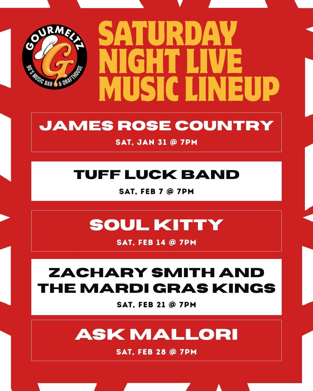 🎶🔥 Saturday Nights = LIVE MUSIC at Gourmeltz! 🔥🎶
Great food, cold drinks, and an incredible lineup to keep the vibes going all winter long!

Grab your crew, grab a melt, and make Saturdays your new favorite night of the week at Gourmeltz 🍔🍻

Wh