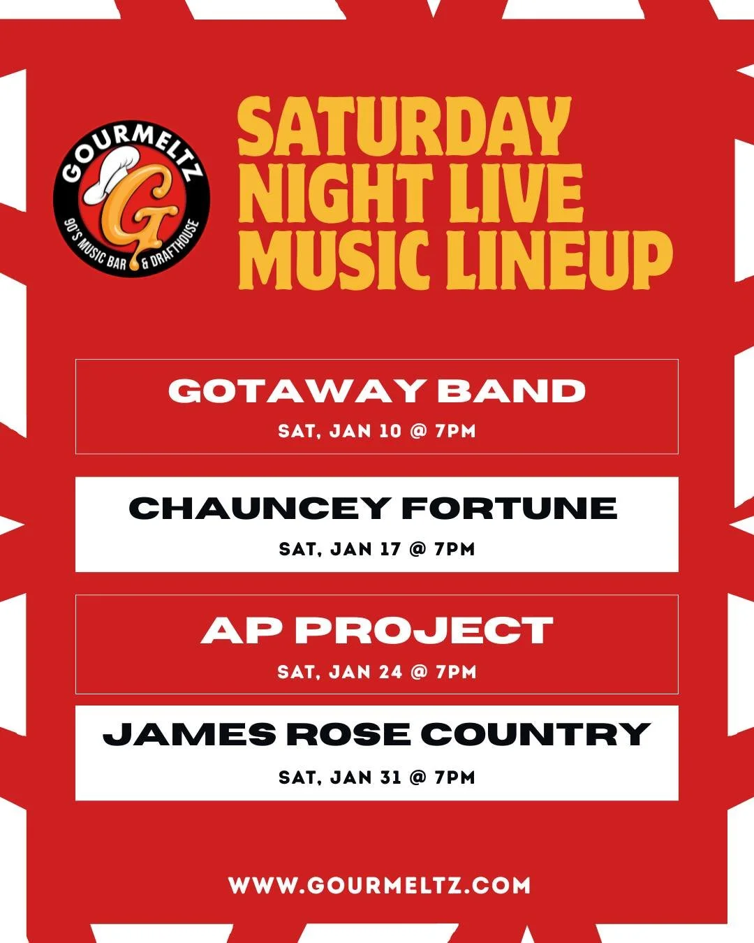 🚨January nights just got LOUDER at Gourmeltz! 🔥
From Gotaway Band (1/10) to James Rose Country (1/31) &mdash; live music every weekend + epic melts &amp; cold drafts.
Who's coming to rock the 90s with us? 🎸🍻

#Gourmeltz #SouthernCookoutMelt #Melt