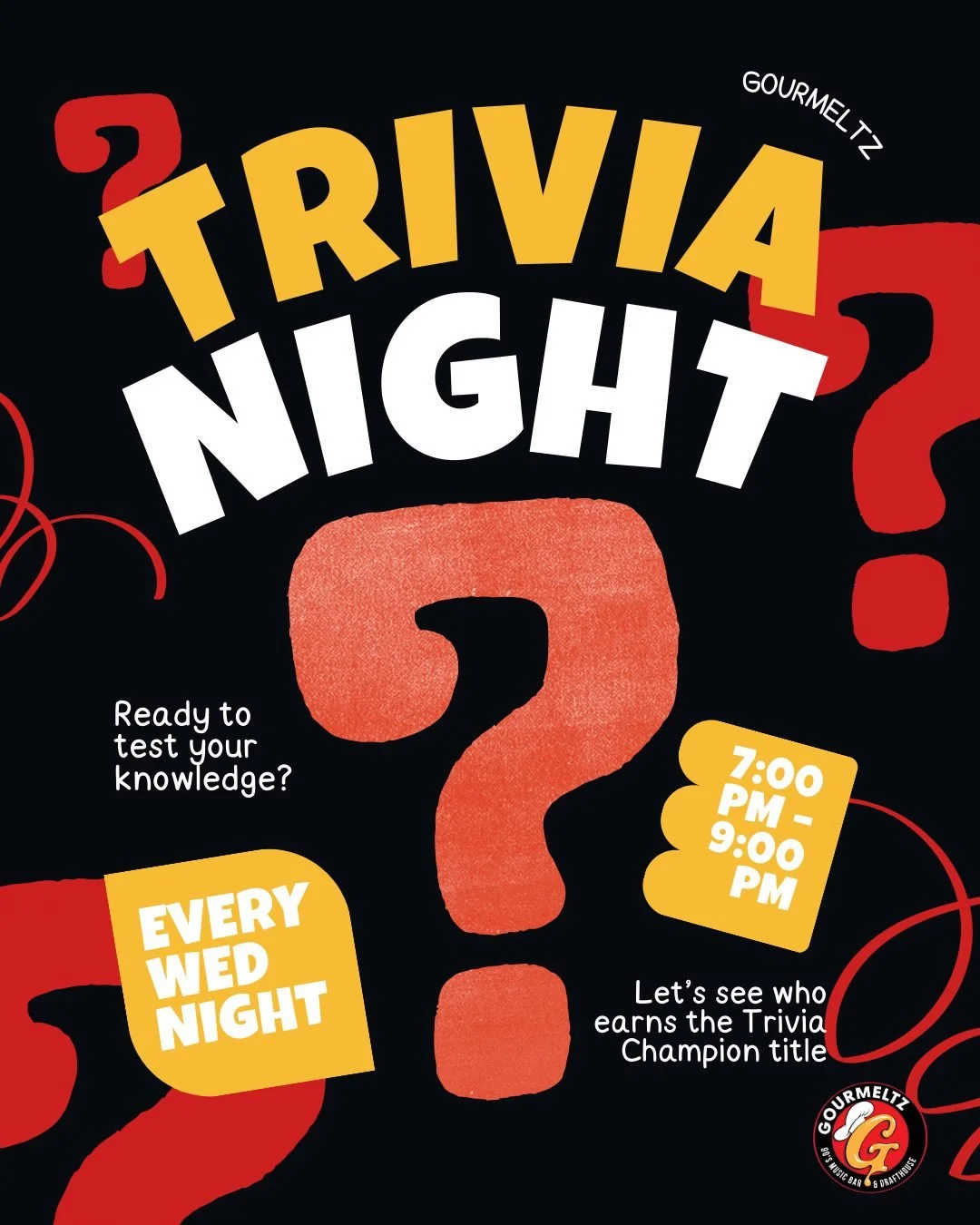 Think you&rsquo;ve got what it takes? 🏆 Trivia Night at Gourmeltz is every Wednesday from 7&ndash;9pm! Great food, cold drinks, and bragging rights on the line.

Drop a 🧠 if you&rsquo;re coming tonight!