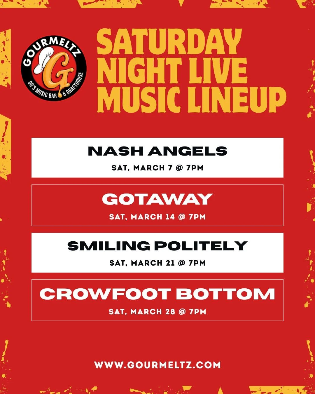 Good food. Cold drinks. Live music. 🎸🍔 That&rsquo;s a perfect Saturday night at Gourmeltz! See you this weekend!