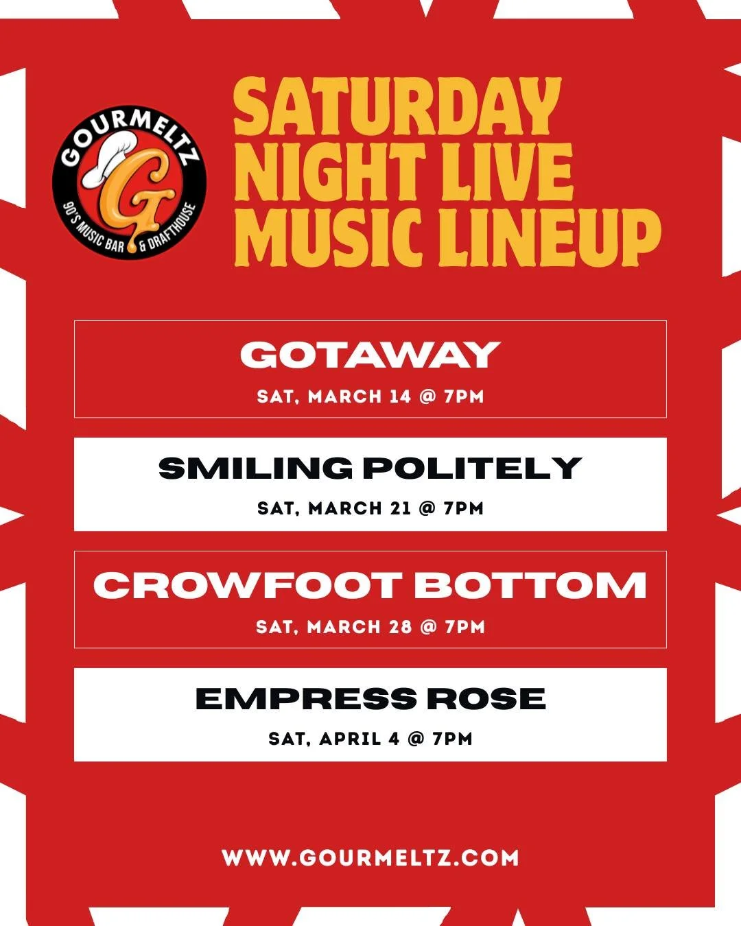 Saturday nights are for live bands and good times 🎶🎉 Grab your crew and head to Gourmeltz for a night you won&rsquo;t forget!