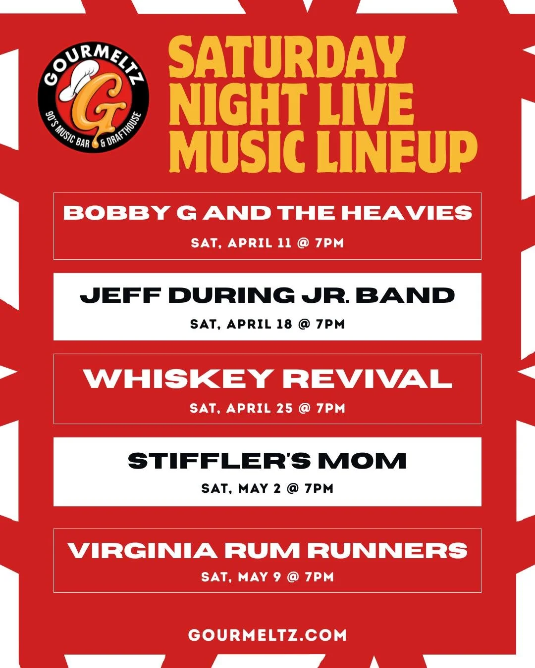 Good food. Cold drinks. Live music. 🎸🍔 That&rsquo;s a perfect Saturday night at Gourmeltz! See you this weekend!