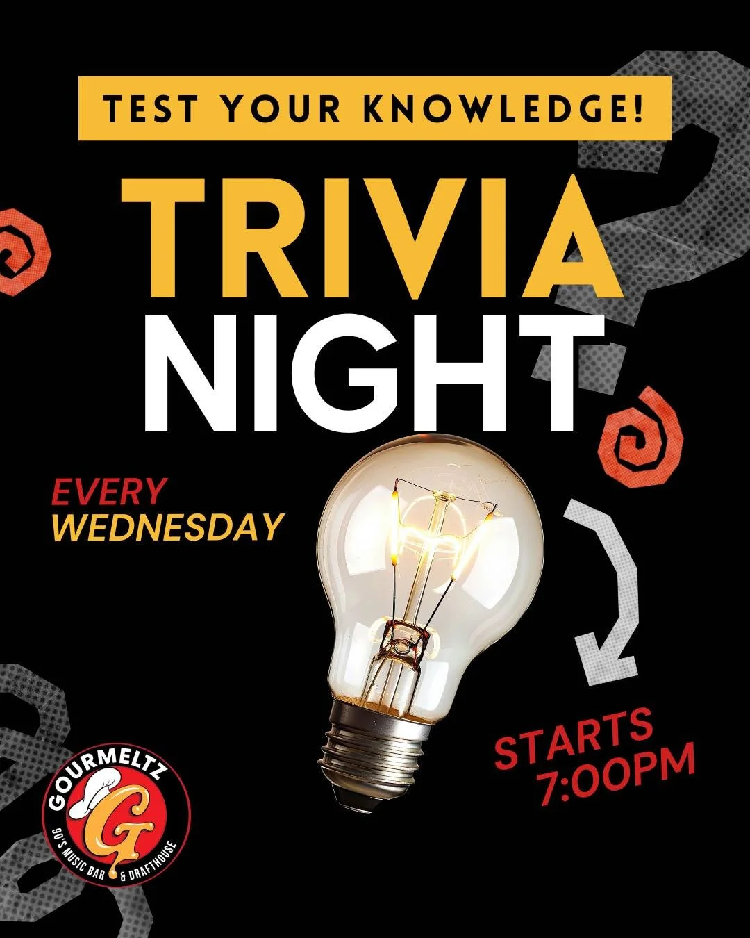 Put your knowledge to the test 🧠✨
Trivia Night every Wednesday at Gourmeltz.
Great questions, great food, and bragging rights on the line.