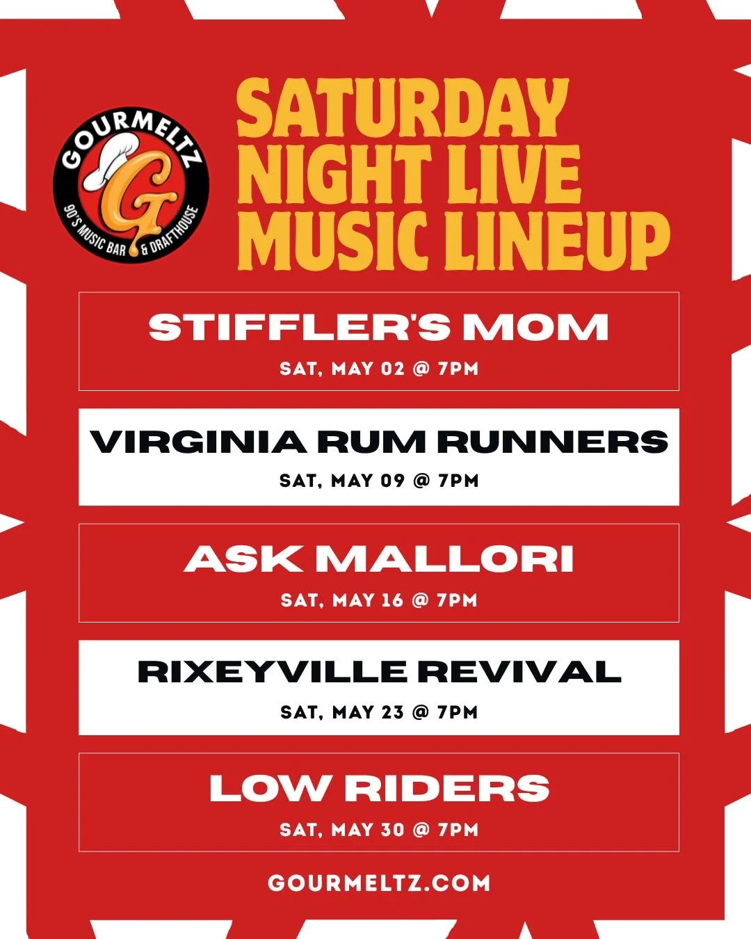 Good food. Cold drinks. Live music. 🎸🍔 That&rsquo;s a perfect Saturday night at Gourmeltz! See you this weekend!